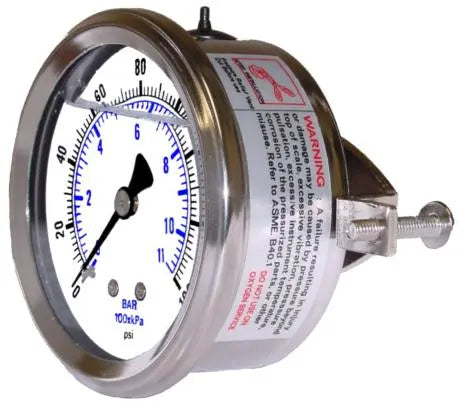 Warthog 1-1/2" liquid-filled U-clamp panel mount pressure gauge, stainless steel case, 1/8" NPT