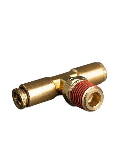 Brass push-to-connect male branch tee with two push-in tube ports and a male NPT branch on white background