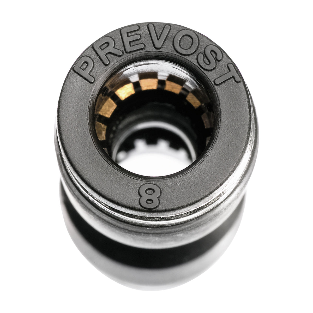 Close-up of the Prevost Conex stainless steel gripping ring and release collar