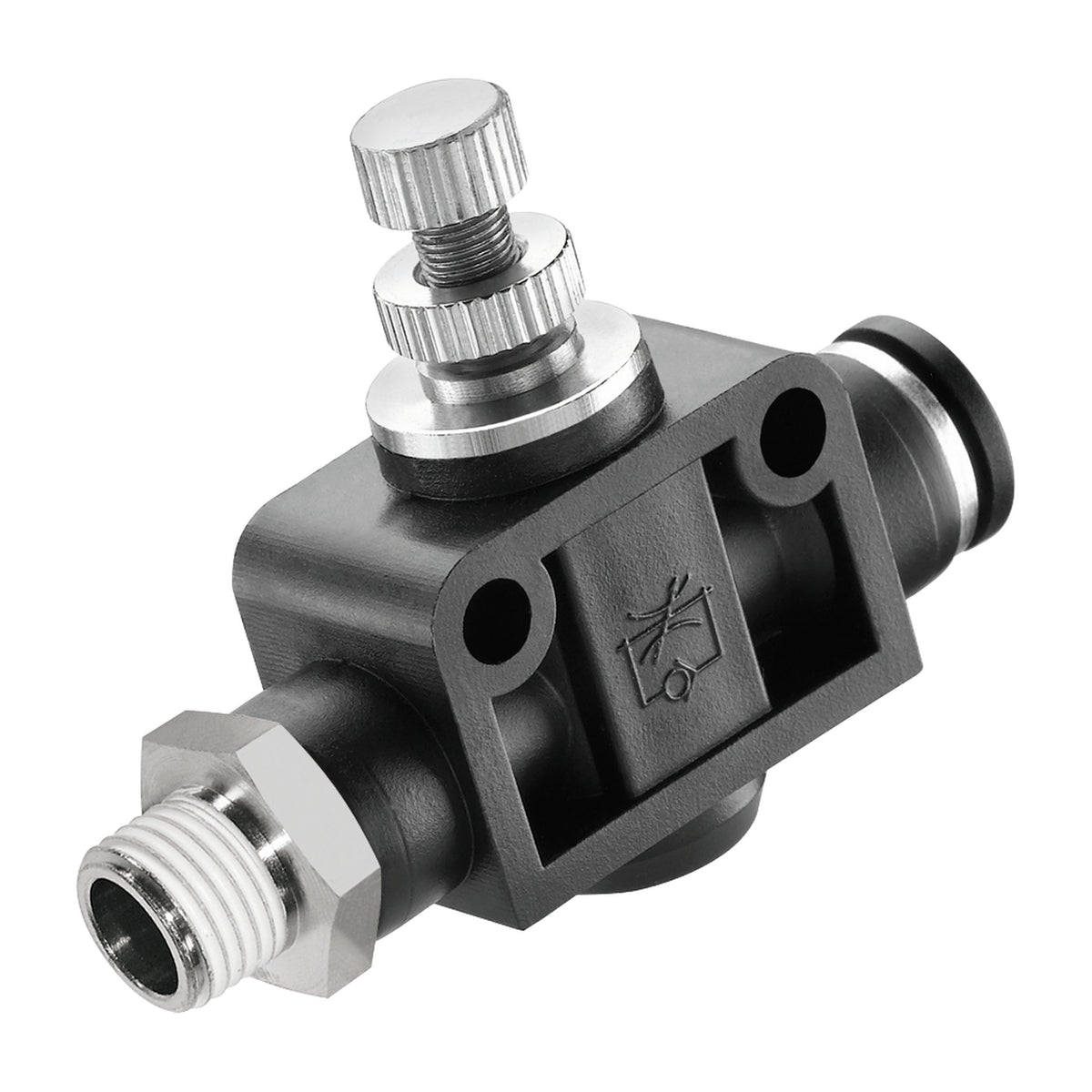 Prevost Conex one-way flow regulator, thread in and tube out configuration