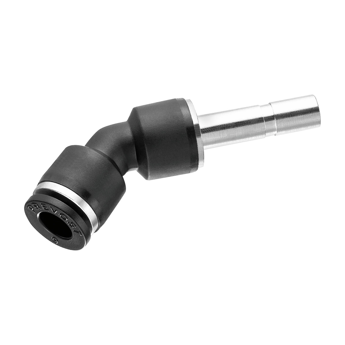 Prevost Conex 45 degree plug-in elbow with push-to-connect port and plug-in stem