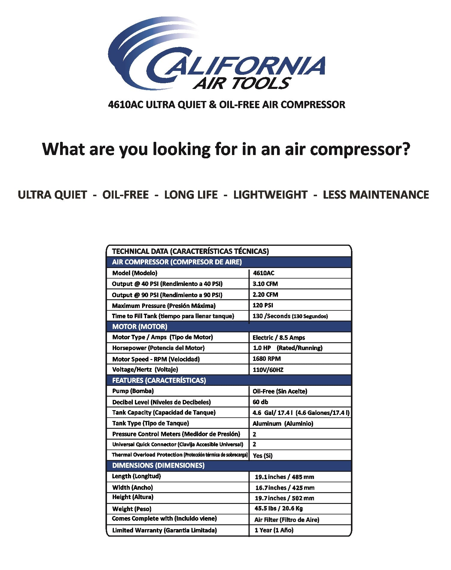 California Air Tools 1.0 Hp, 4.6 Gal. Portable Aluminum Twin Tank Ultra Quiet & Oil-Free Air Compressor