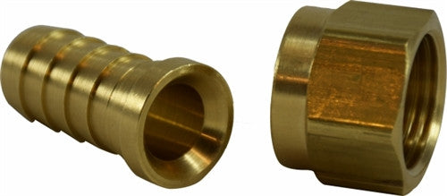Brass hose barb to dual 45°/37° flare swivel adapter — barb end and female swivel nut