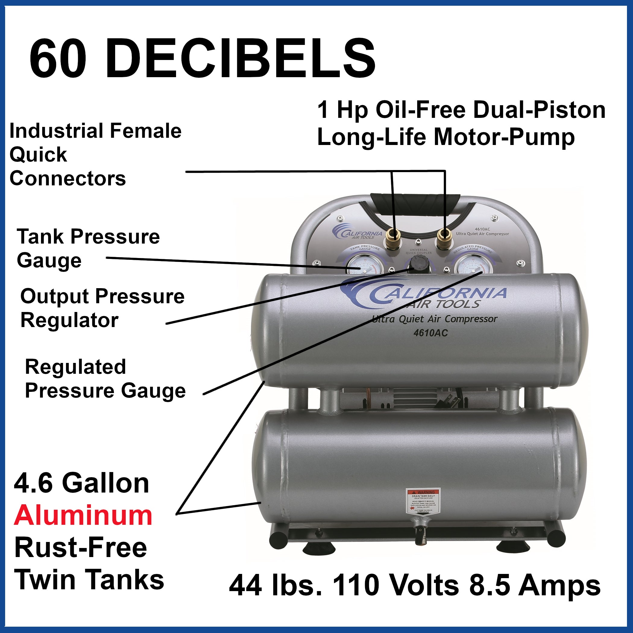 California Air Tools 1.0 Hp, 4.6 Gal. Portable Aluminum Twin Tank Ultra Quiet & Oil-Free Air Compressor