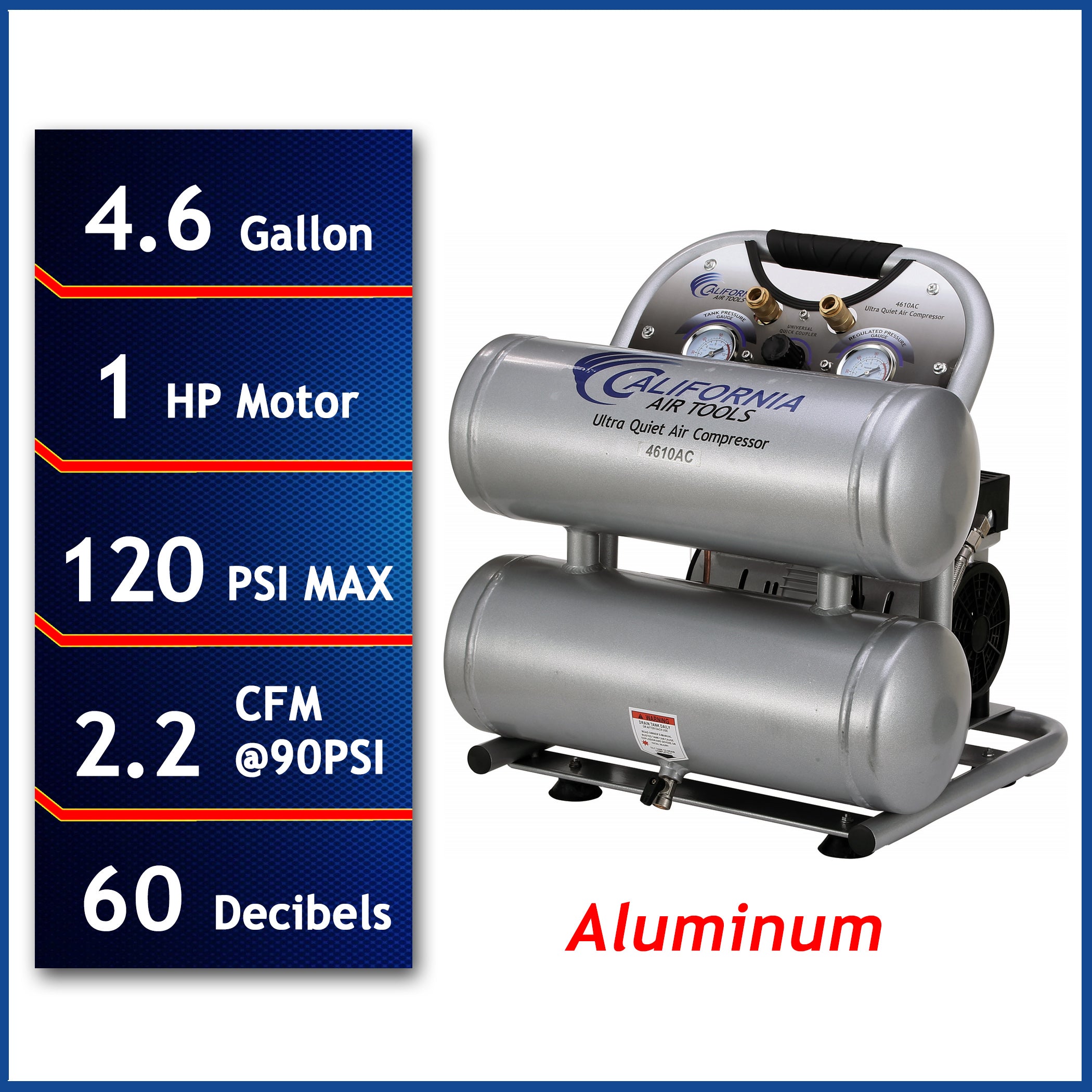 California Air Tools 1.0 Hp, 4.6 Gal. Portable Aluminum Twin Tank Ultra Quiet & Oil-Free Air Compressor