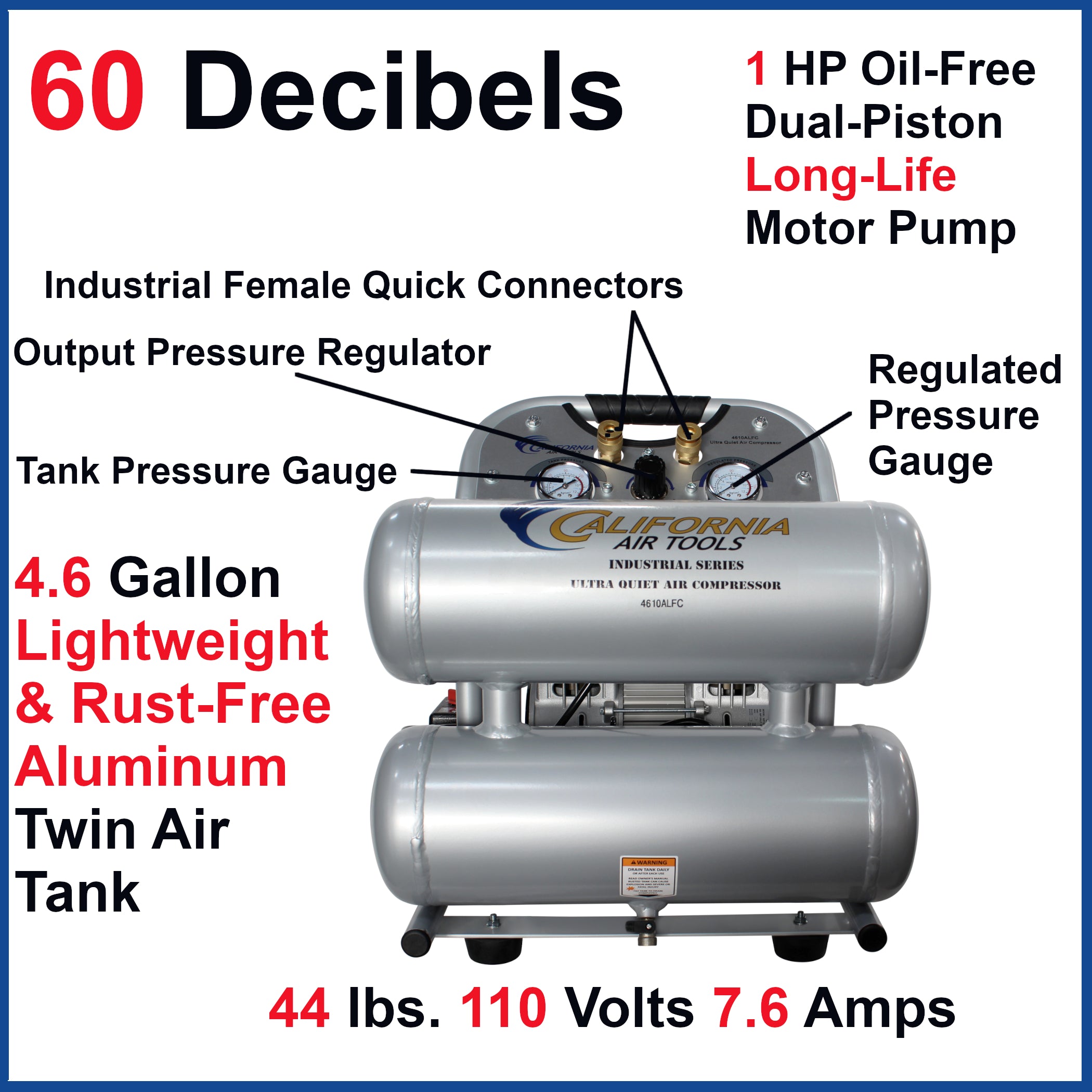 California Air Tools 1.0 Hp, 4.6 Gal. Aluminum Twin Tank Ultra Quiet & Oil-Free Air Compressor