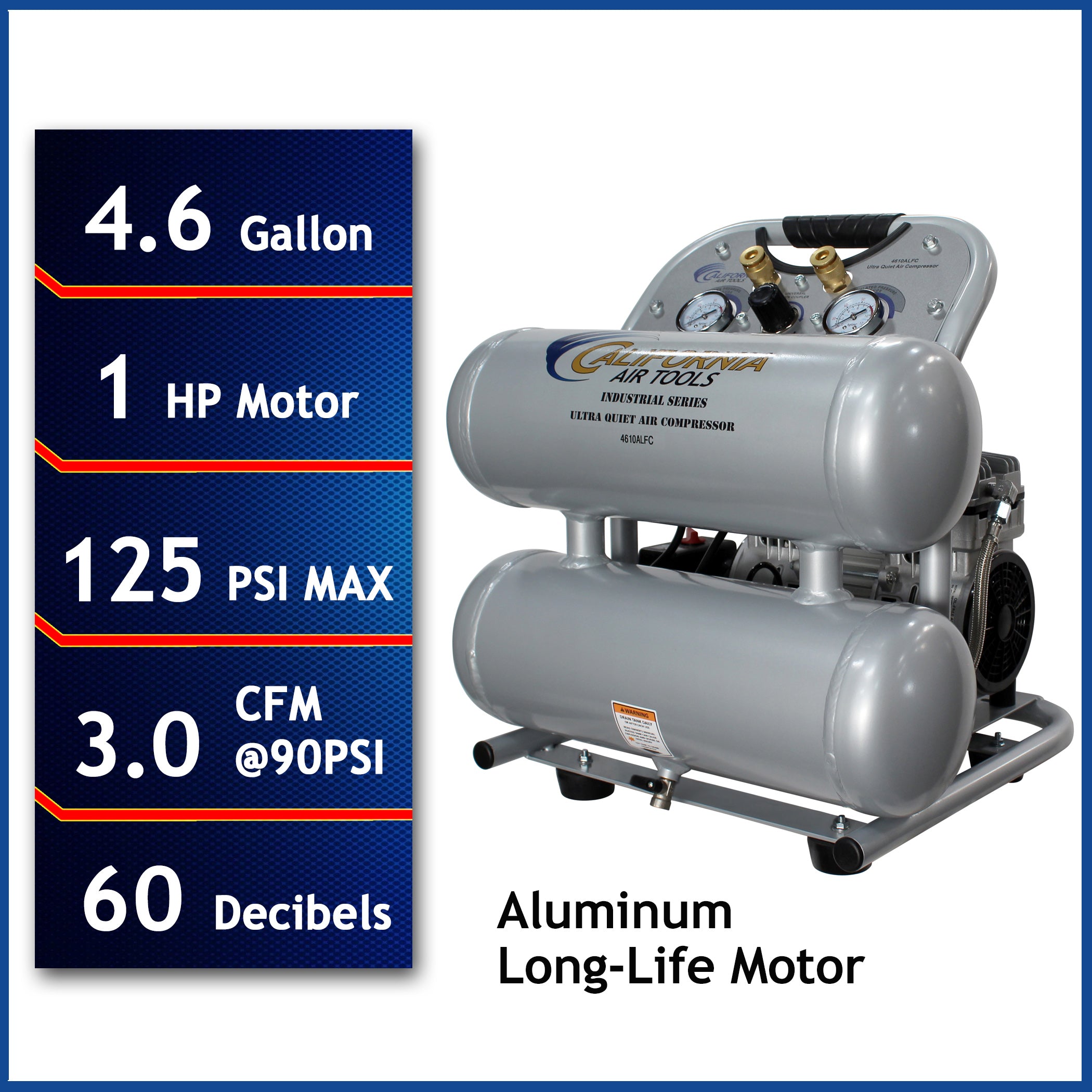 California Air Tools 1.0 Hp, 4.6 Gal. Aluminum Twin Tank Ultra Quiet & Oil-Free Air Compressor