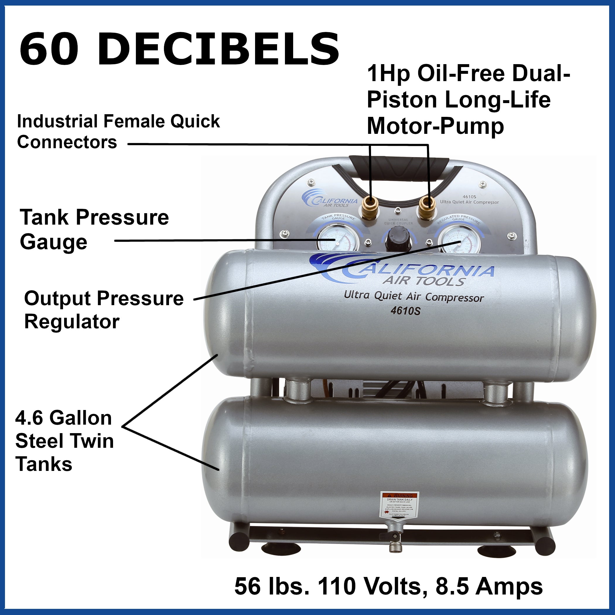 California Air Tools 1.0 Hp, 4.6 Gal. Steel Twin Tank Ultra Quiet & Oil-Free Air Compressor
