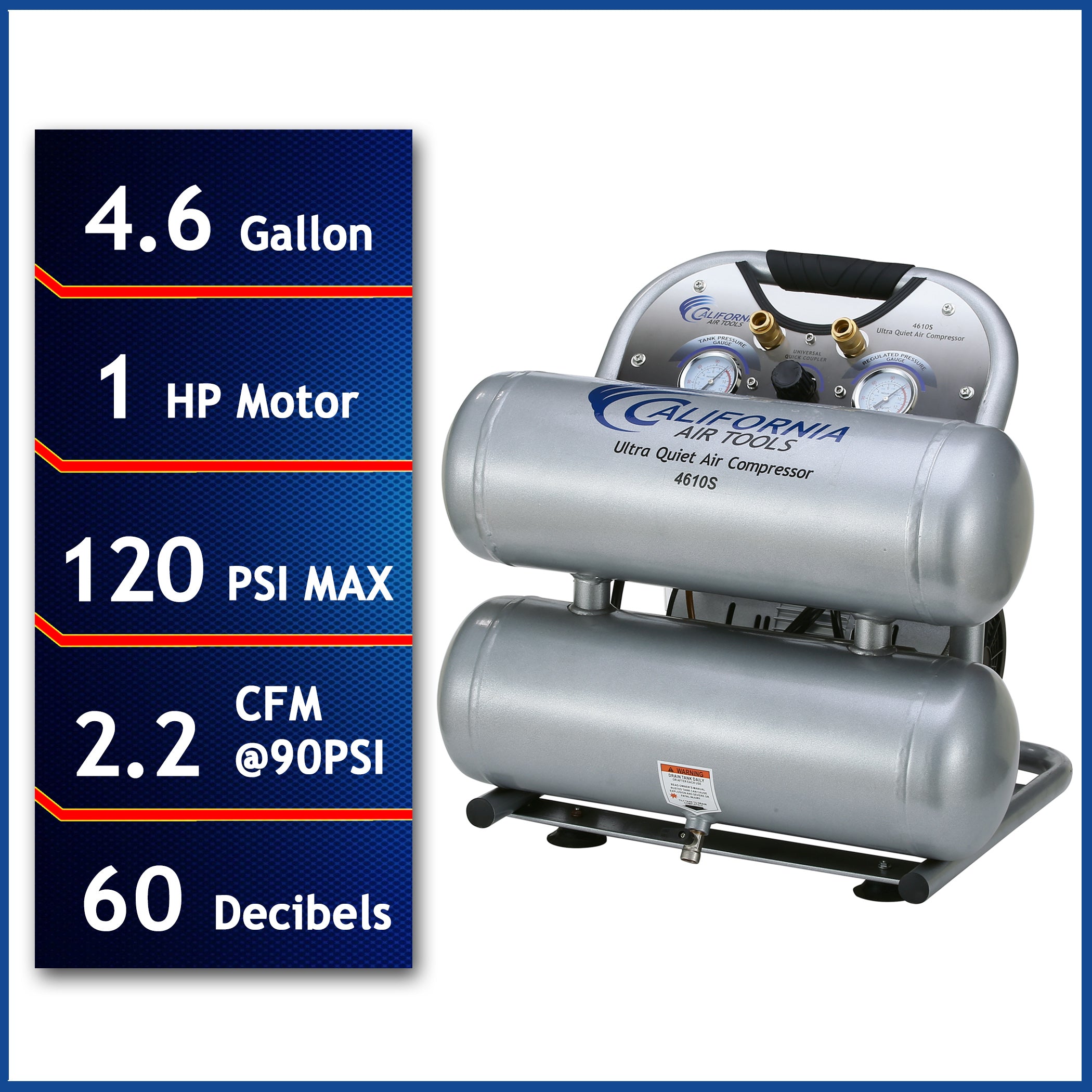 California Air Tools 1.0 Hp, 4.6 Gal. Steel Twin Tank Ultra Quiet & Oil-Free Air Compressor