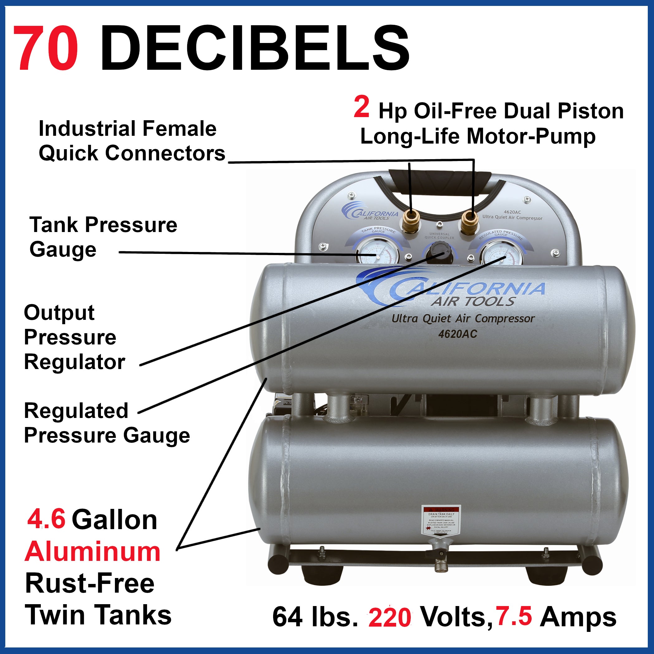 California Air Tools 2.0 Hp, 4.0 Gal. Aluminum Twin Tank Ultra Quiet & Oil-Free Air Compressor (220V  60HZ)