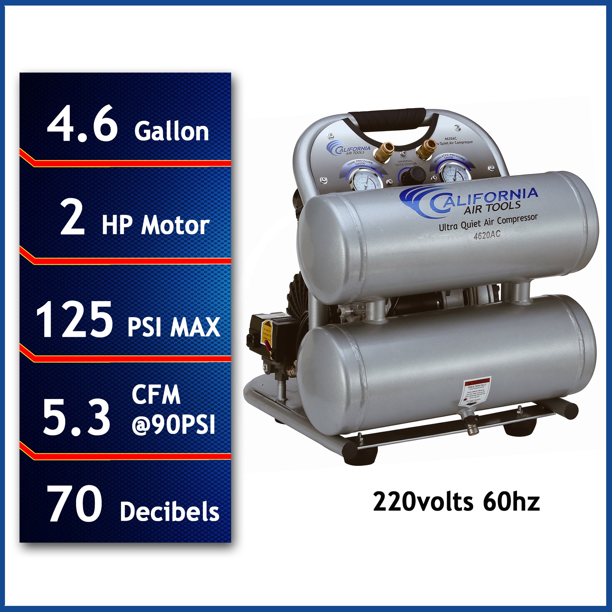 California Air Tools 2.0 Hp, 4.0 Gal. Aluminum Twin Tank Ultra Quiet & Oil-Free Air Compressor (220V  60HZ)