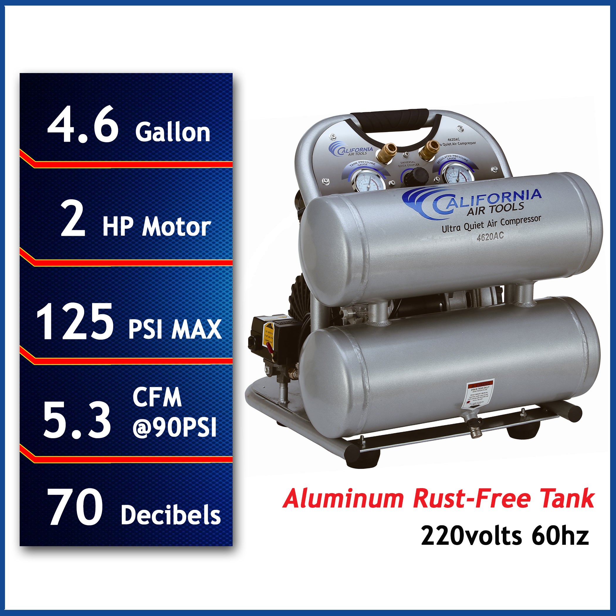 California Air Tools 2.0 Hp, 4.0 Gal. Aluminum Twin Tank Ultra Quiet & Oil-Free Air Compressor (220V  60HZ)