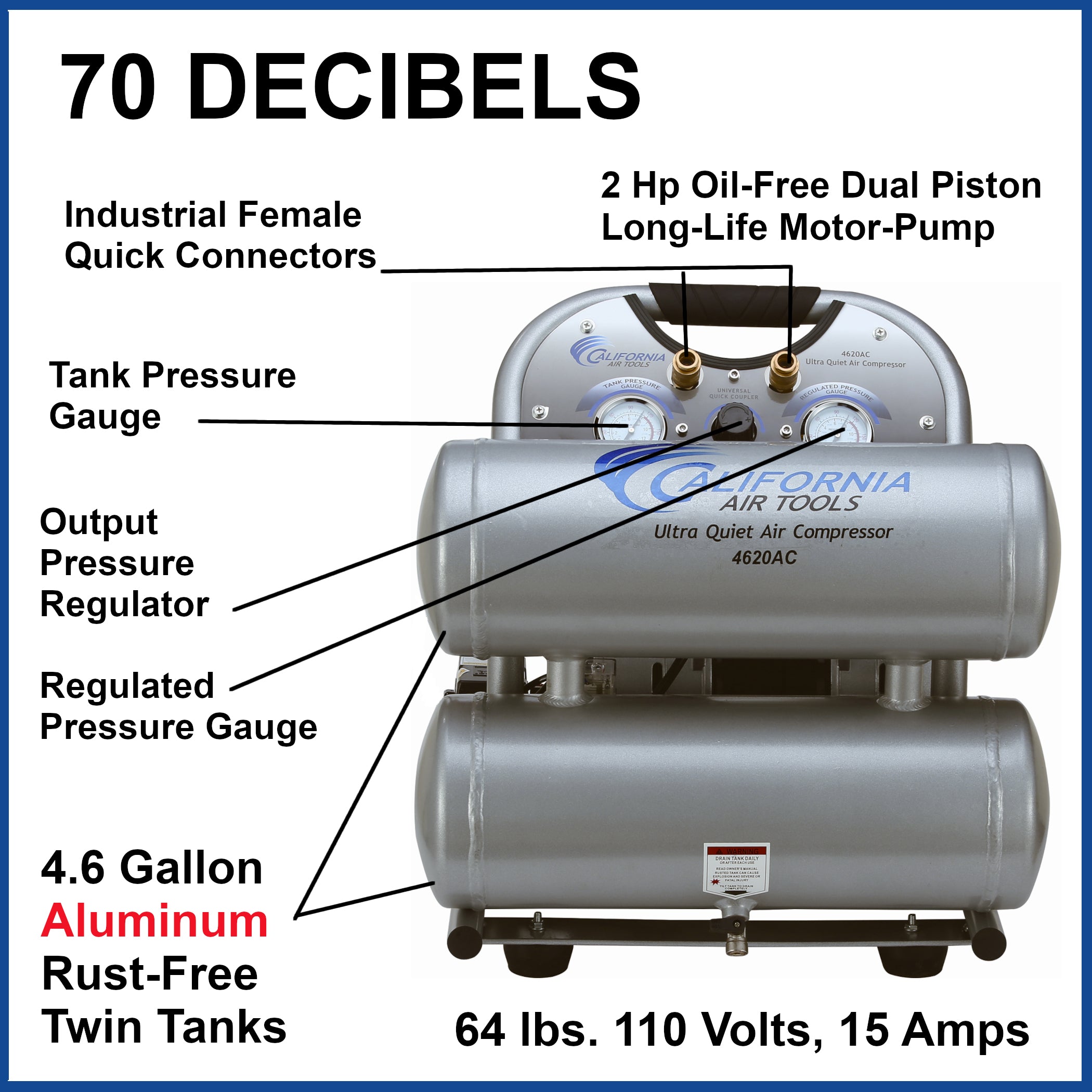 California Air Tools 2.0 Hp, 4.0 Gal. Aluminum Twin Tank Ultra Quiet  & Oil-Free Air Compressor