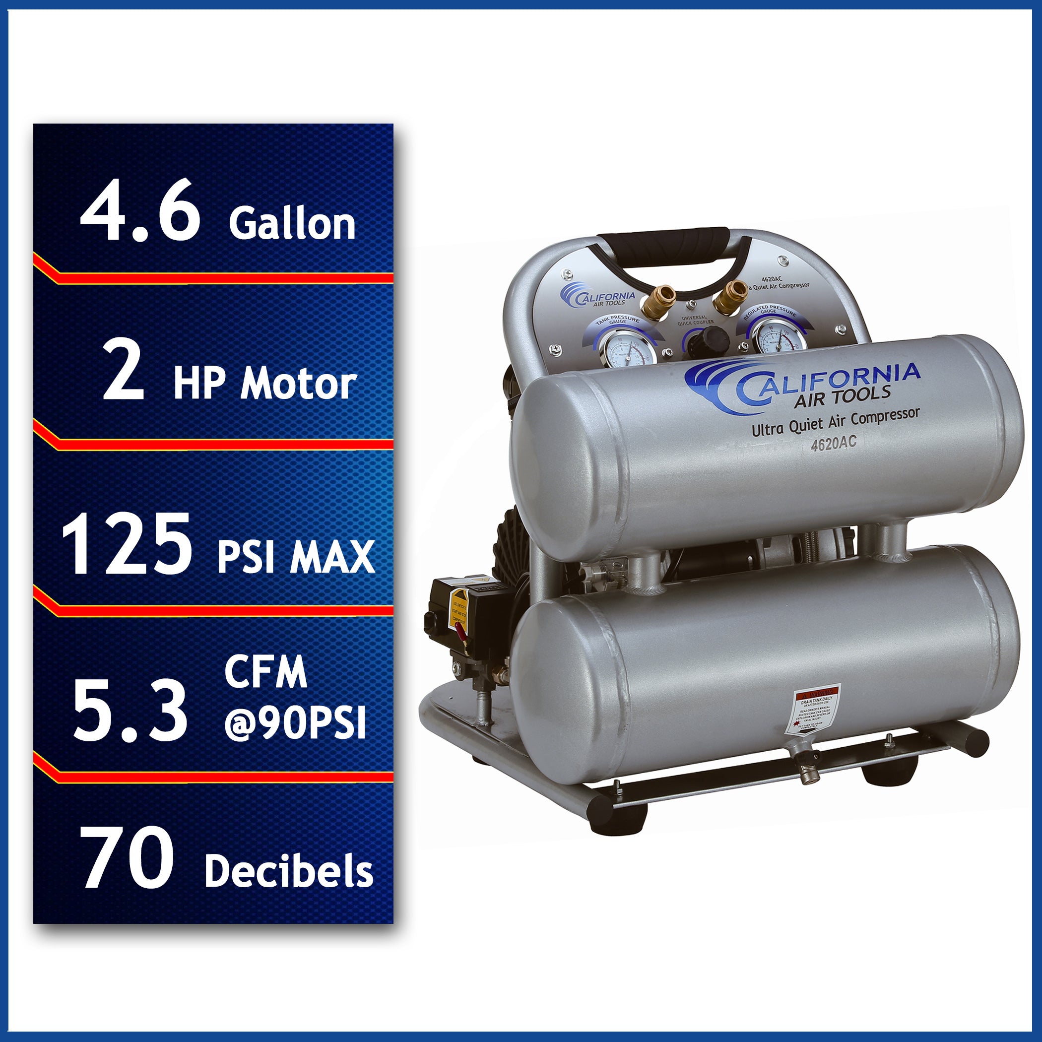 California Air Tools 2.0 Hp, 4.0 Gal. Aluminum Twin Tank Ultra Quiet  & Oil-Free Air Compressor