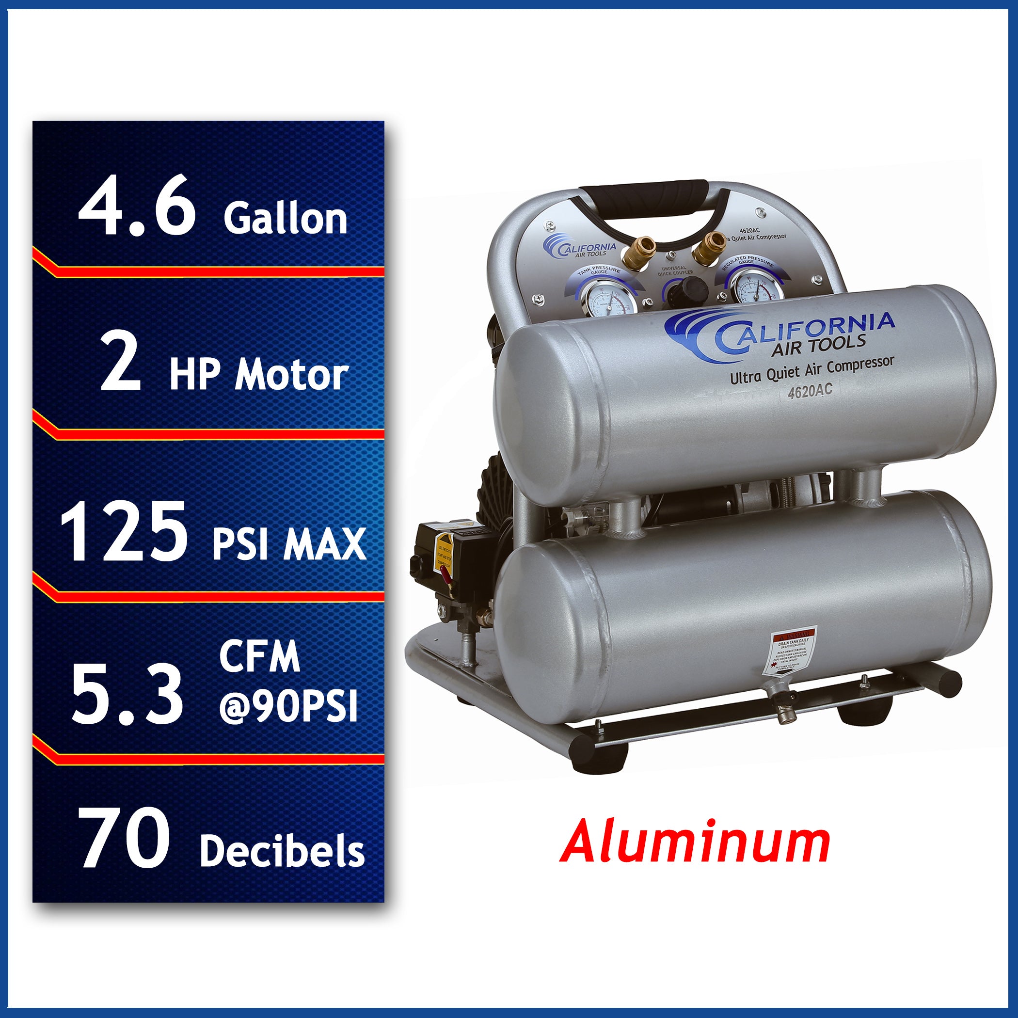 California Air Tools 2.0 Hp, 4.0 Gal. Aluminum Twin Tank Ultra Quiet  & Oil-Free Air Compressor