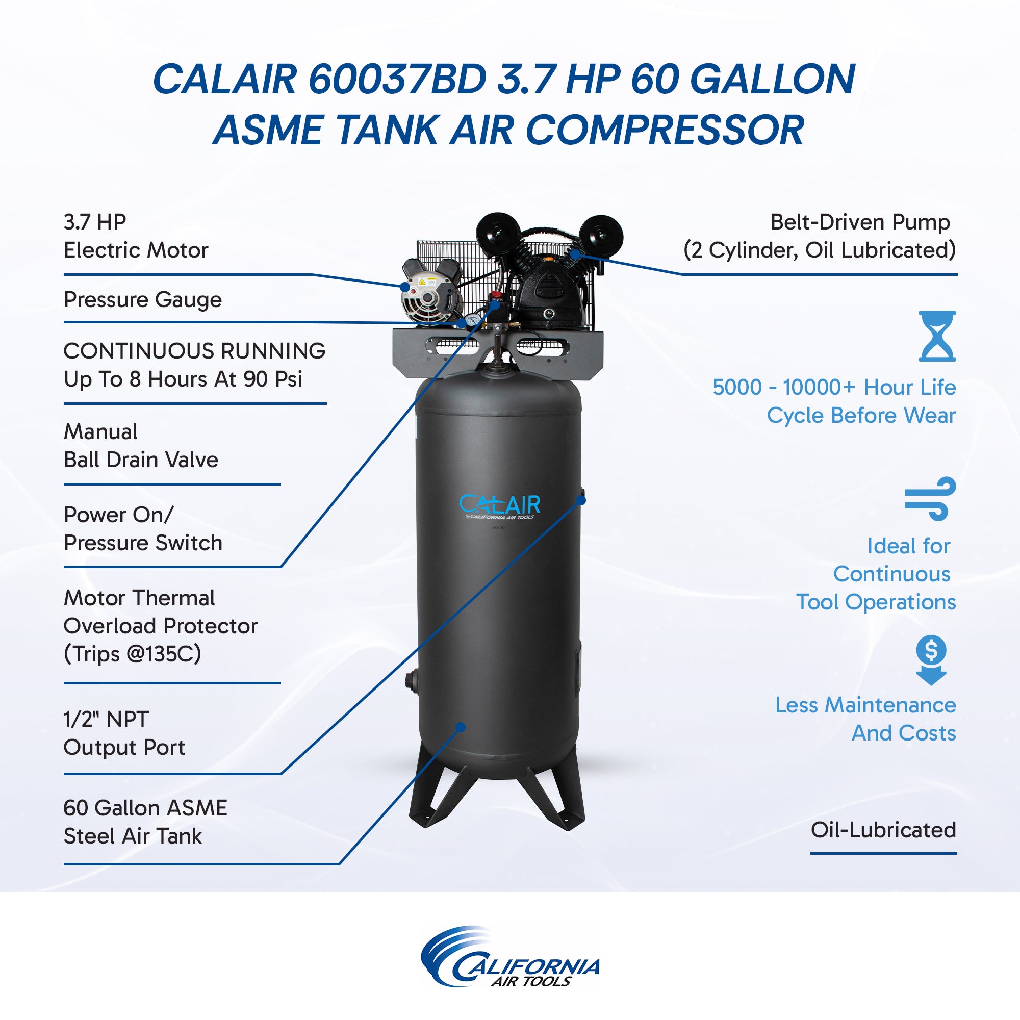 CALAIR 60 Gal 3.7 hp One-Stage Oil-Lubricated Belt Driven Air Compressor by California Air Tools - CALAIR-60037BD