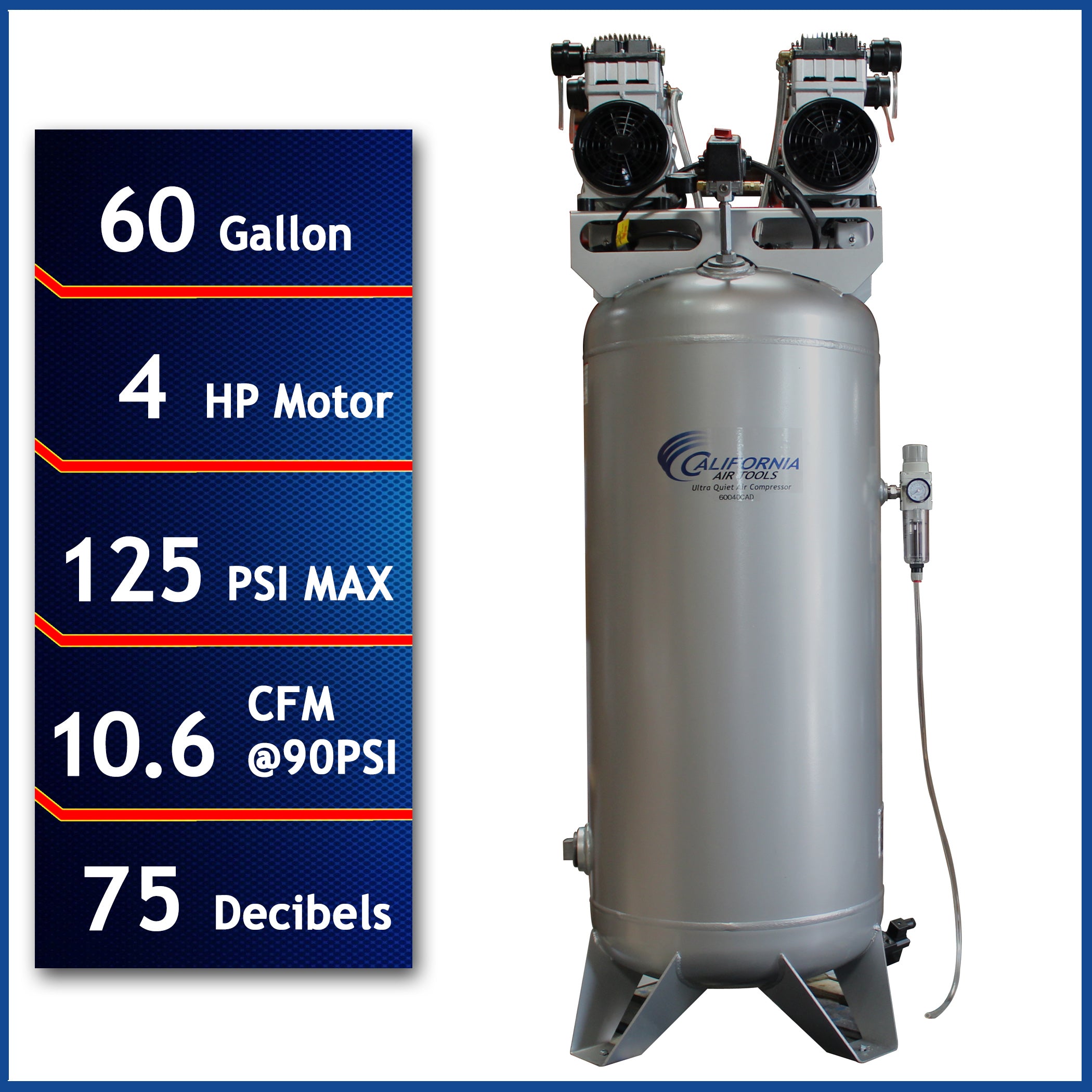 California Air Tools 4.0 Hp, 60.0 Gal. Steel Tank Ultra Quiet & Oil-Free Air Compressor Automatic Drain Valve