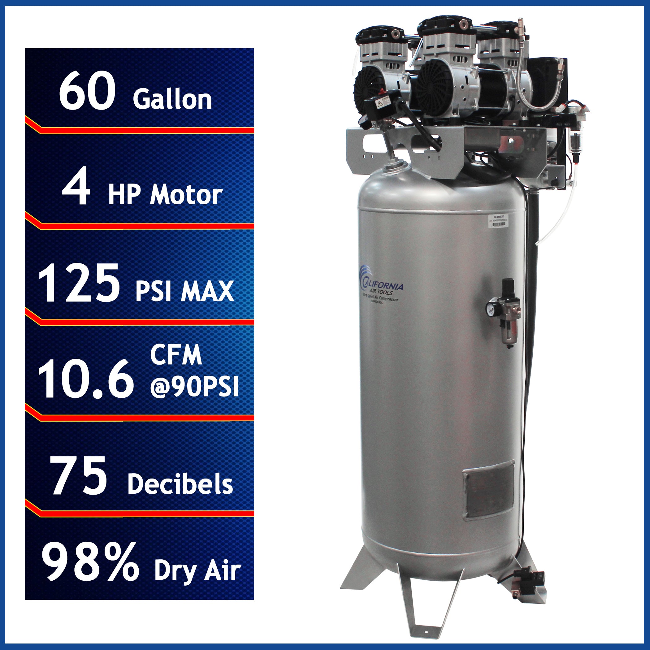 California Air Tools 4.0 Hp, 60.0 Gal. Steel Tank Oil-Free Air Compressor with Air Drying System & Auto Drain