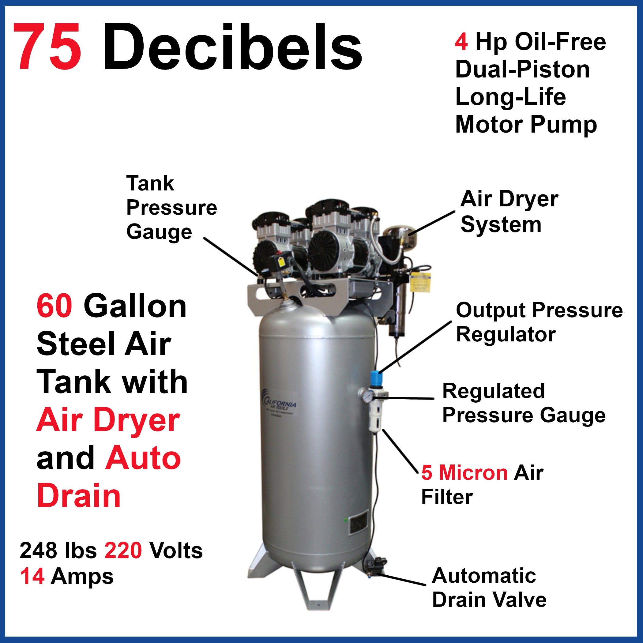 California Air Tools 4.0 Hp, 60.0 Gal. Steel Tank Ultra Quiet & Oil-Free Air Compressor with Air Drying System & Auto Drain