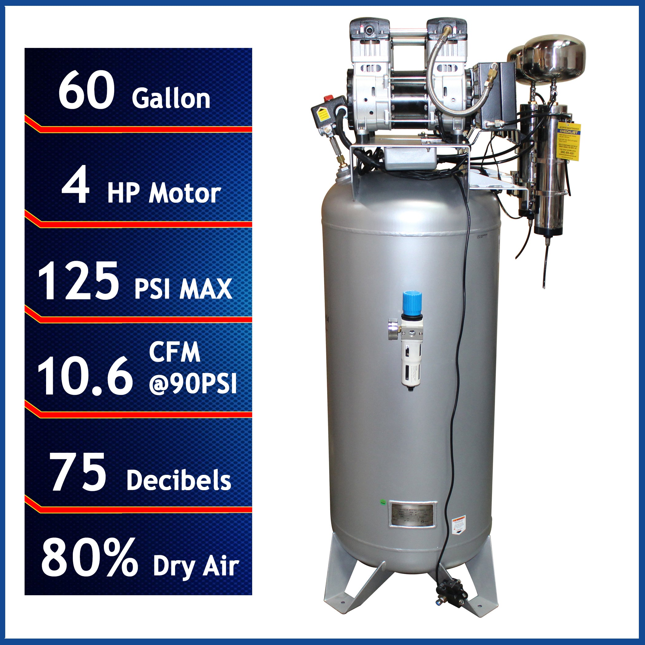 California Air Tools 4.0 Hp, 60.0 Gal. Steel Tank Ultra Quiet & Oil-Free Air Compressor with Air Drying System & Auto Drain | CAT-60040DCAD