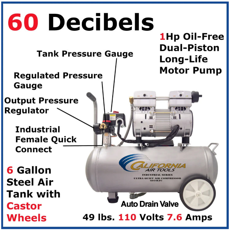 California Air Tools 1.0 Hp, 6.0 Gal. Steel Tank Ultra Quiet & Oil-Free Air Compressor | CAT-6010LFC