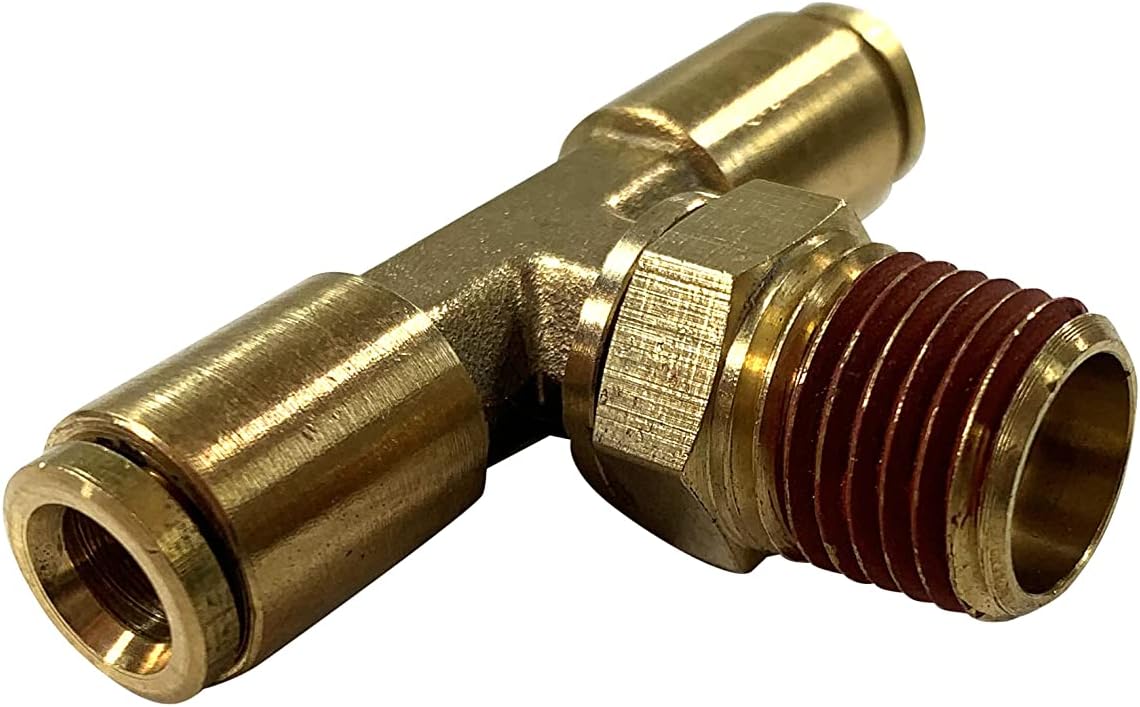 Warthog brass push-to-connect swivel male branch tee fitting with two push-in ports and a swiveling male NPT branch