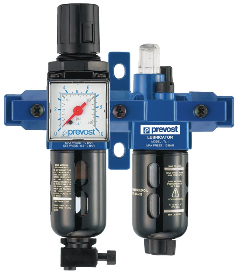 Alto 1 – 2-Piece-Set – 1/4” Filter-Regulator-Lubricator (Gauge Included) With Wall Bracket And Pipe Adapters by Prevost