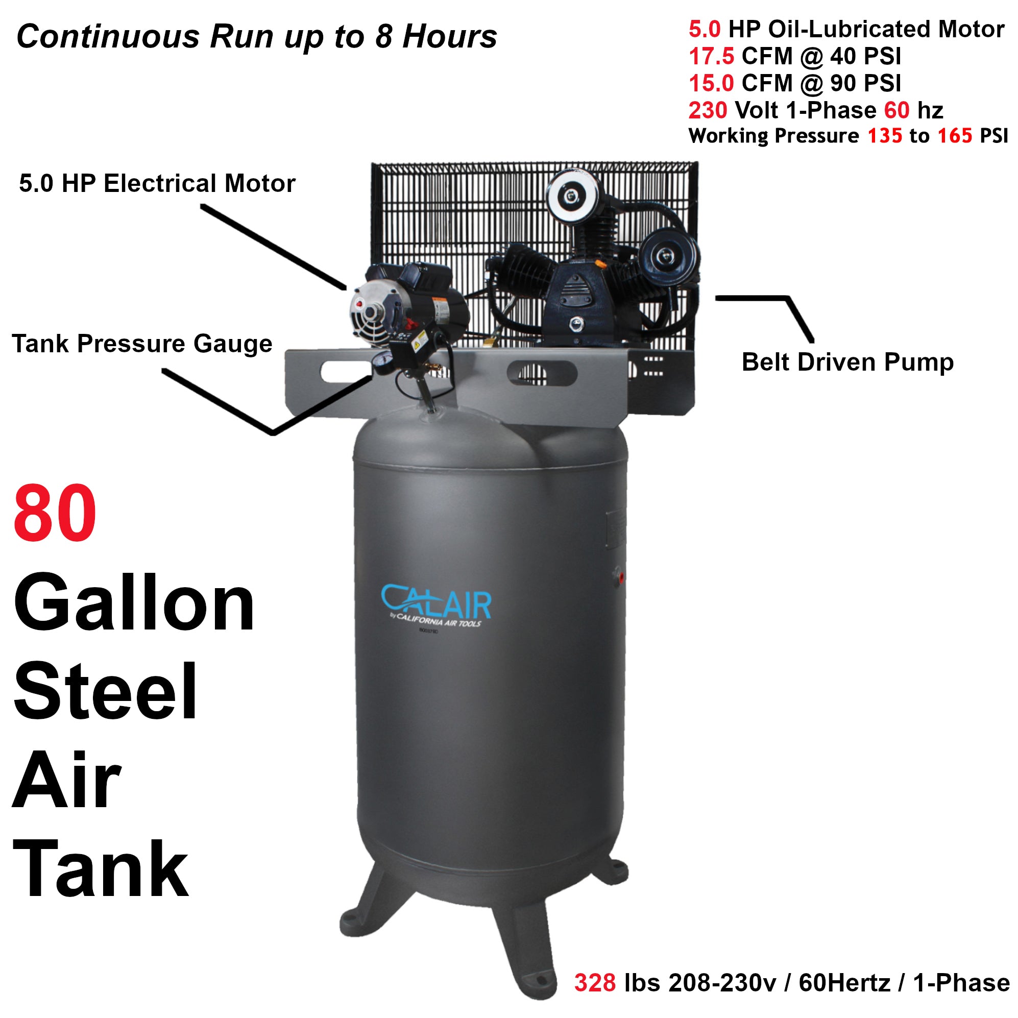 CALAIR 80 Gal 5.0 hp One-Stage Oil-Lubricated Belt Driven Air Compressor by California Air Tools - CALAIR-80050BD