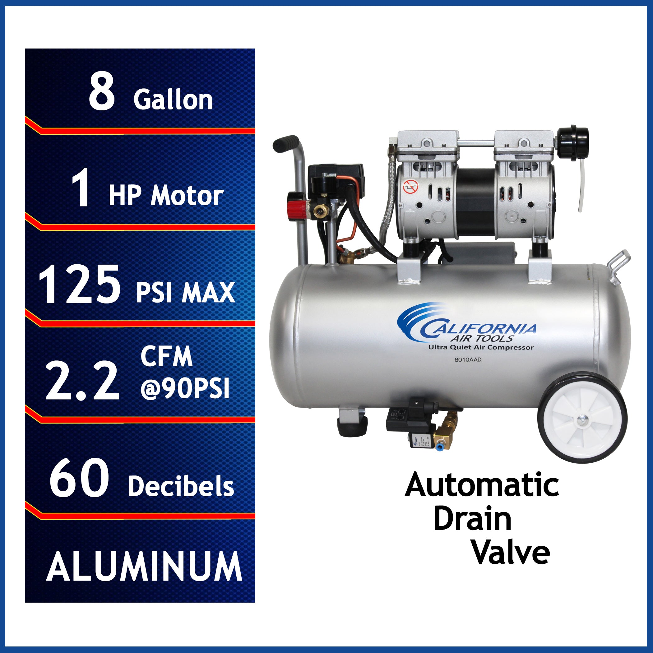 California Air Tools Aluminum Tank Ultra Quiet, Oil-Free, Lightweight Air Compressor with Automatic Drain Valve