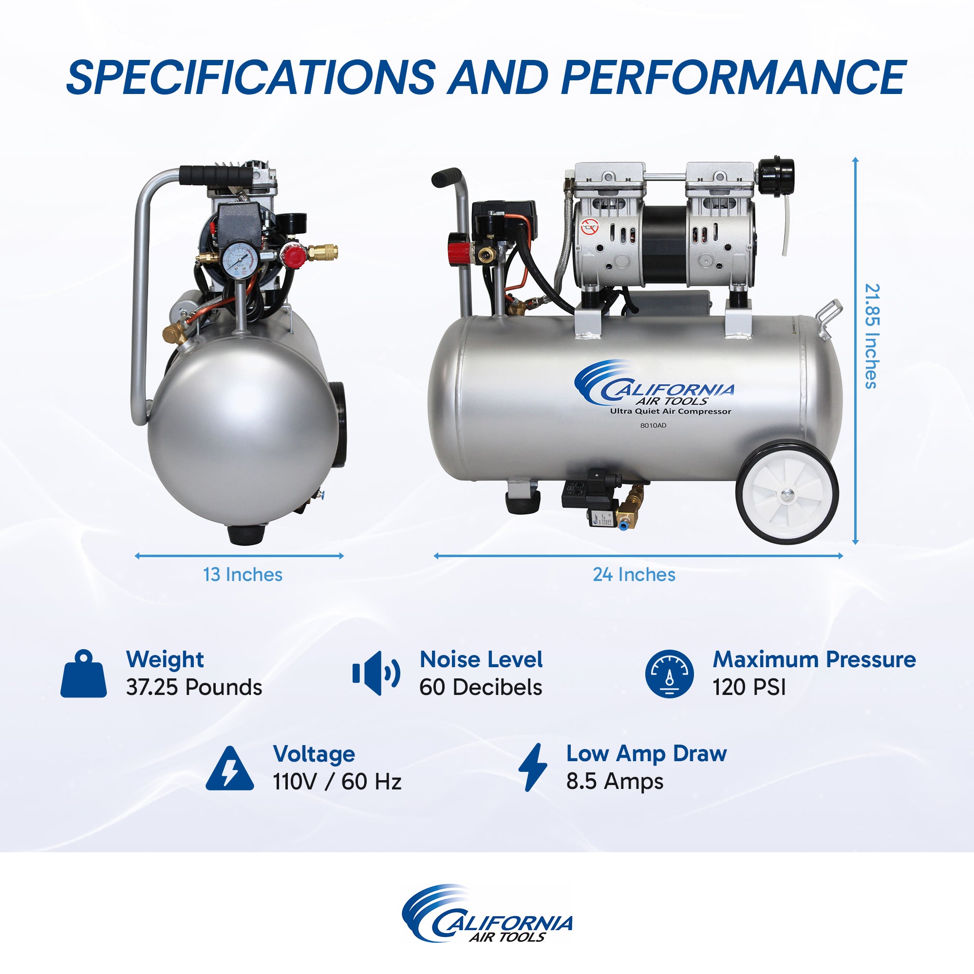 California Air Tools Aluminum Tank Ultra Quiet, Oil-Free, Lightweight Air Compressor with Automatic Drain Valve