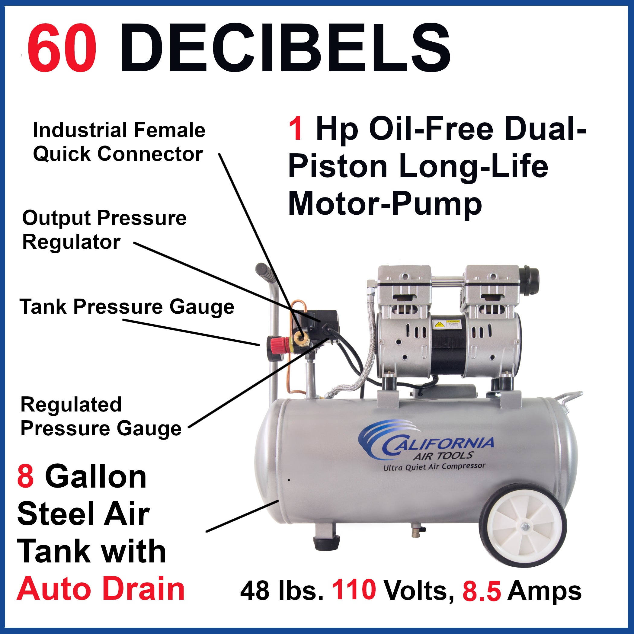 California Air Tools 1.0 Hp, 8.0 Gal. Steel Tank Ultra Quiet & Oil-Free Air Compressor w/Auto Drain | CAT-8010AD