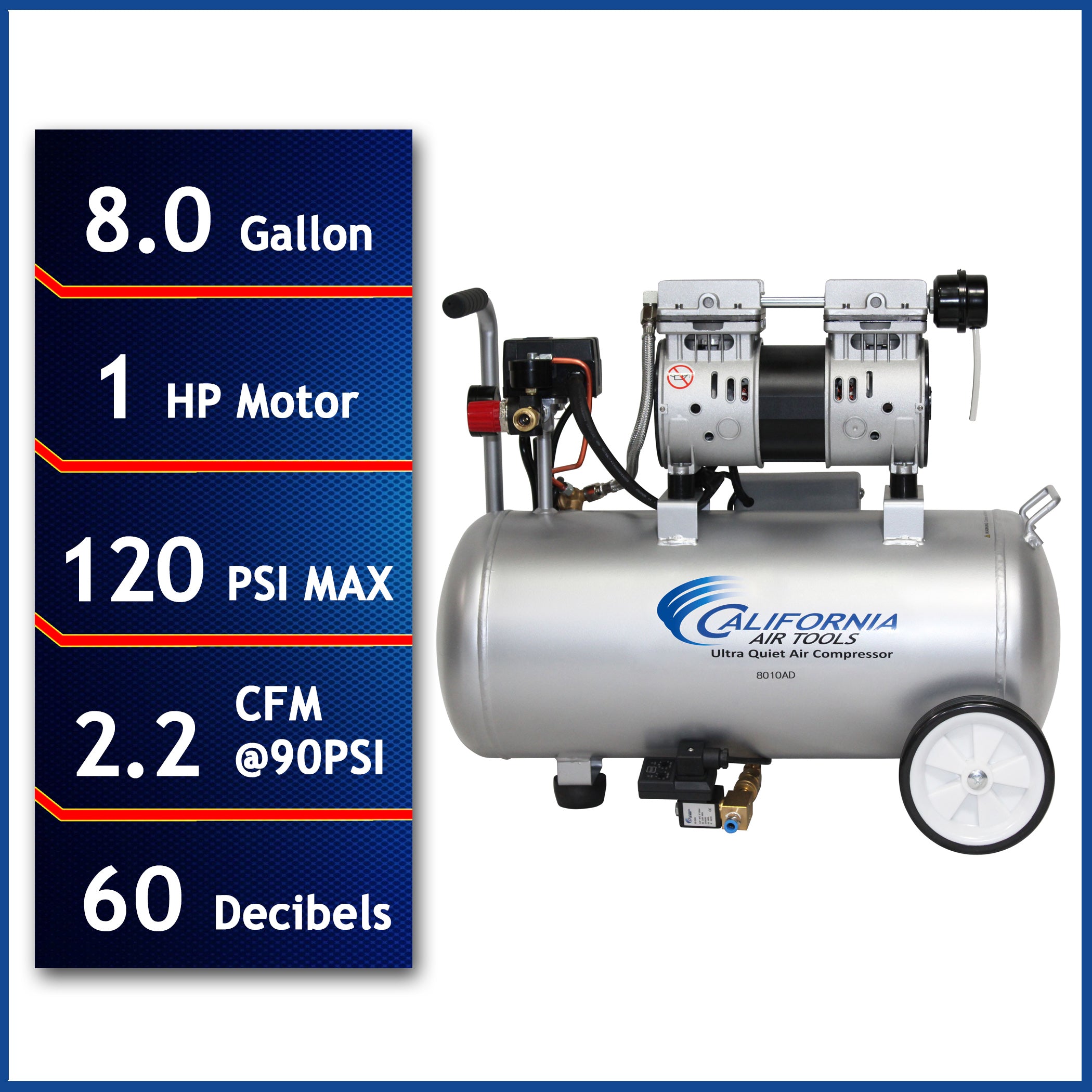 California Air Tools 1.0 Hp, 8.0 Gal. Steel Tank Ultra Quiet & Oil-Free Air Compressor w/Auto Drain