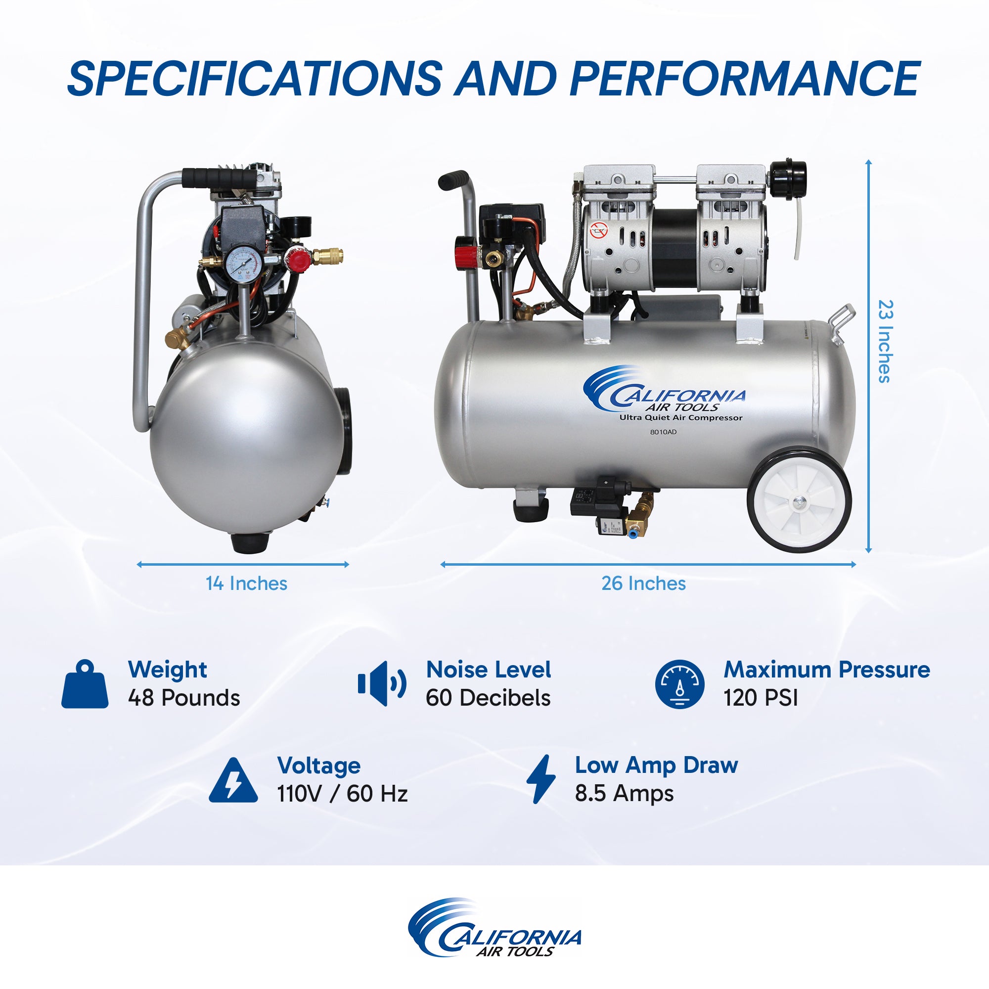 California Air Tools 1.0 Hp, 8.0 Gal. Steel Tank Ultra Quiet & Oil-Free Air Compressor w/Auto Drain