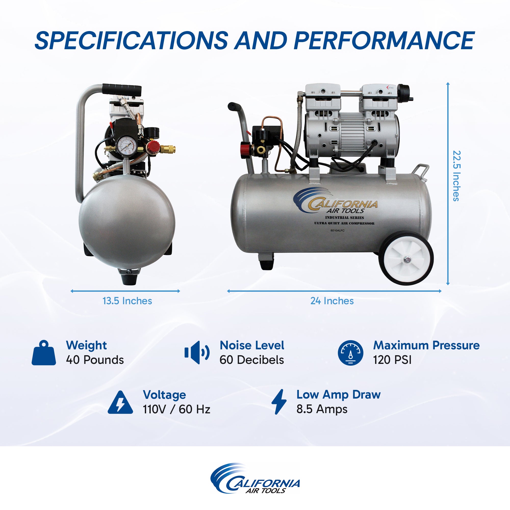 California Air Tools 1.0 Hp 8.0 Gal. Aluminum Tank Ultra Quiet & Oil-Free Air Compressor