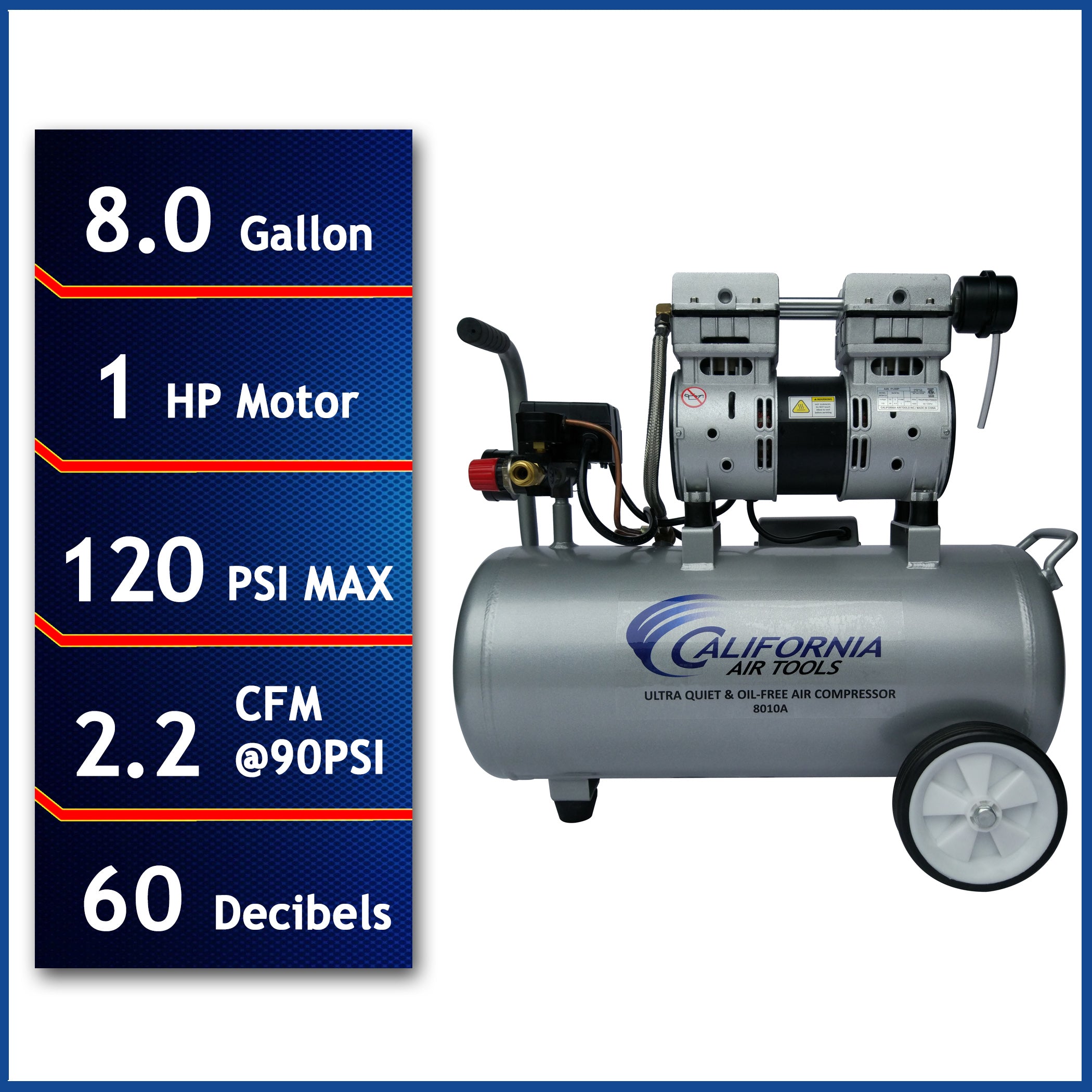 California Air Tools 1.0 Hp, 8.0 Gal. Aluminum Tank Ultra Quiet & Oil-Free Air Compressor