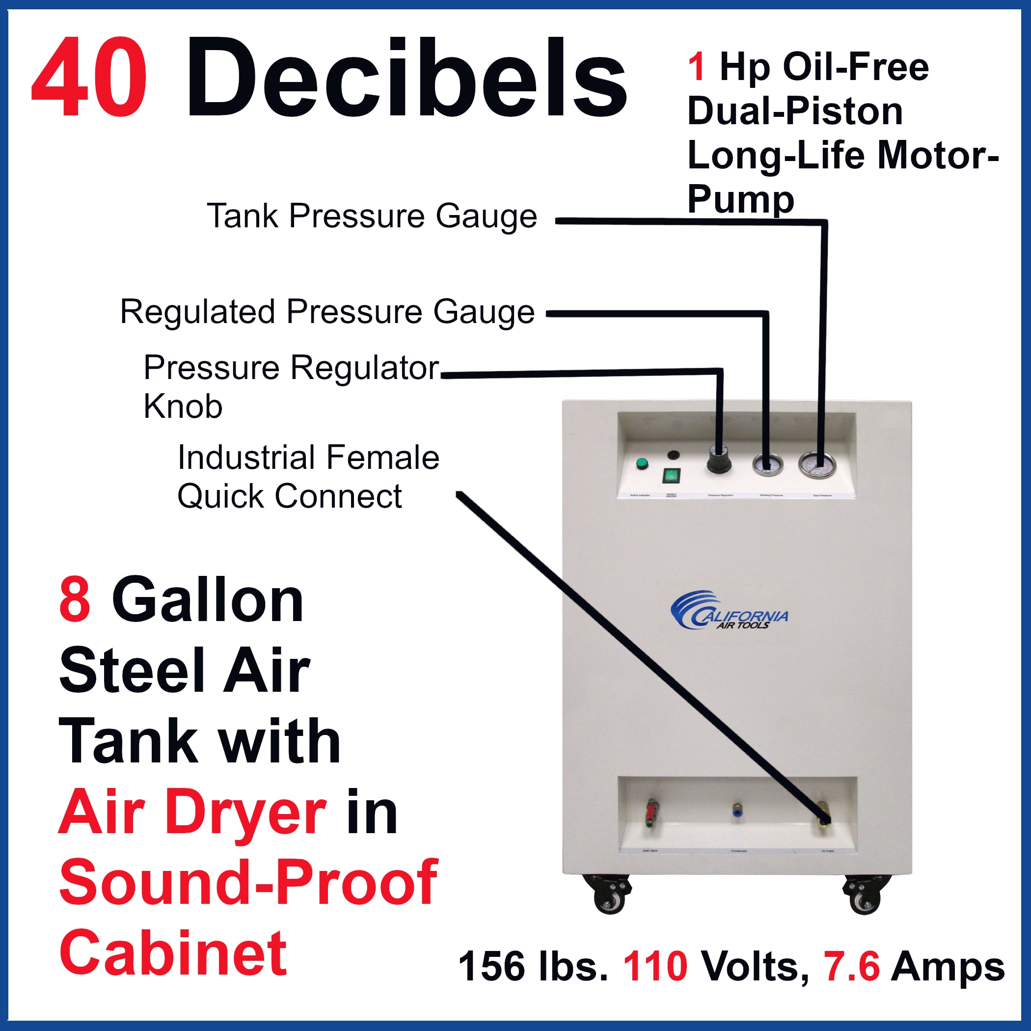 California Air Tools 1.0 Hp 8.0 Gal. Steel Tank Ultra Quiet & Oil-Free Air Compressor with Air Dryer in Sound Proof Cabinet