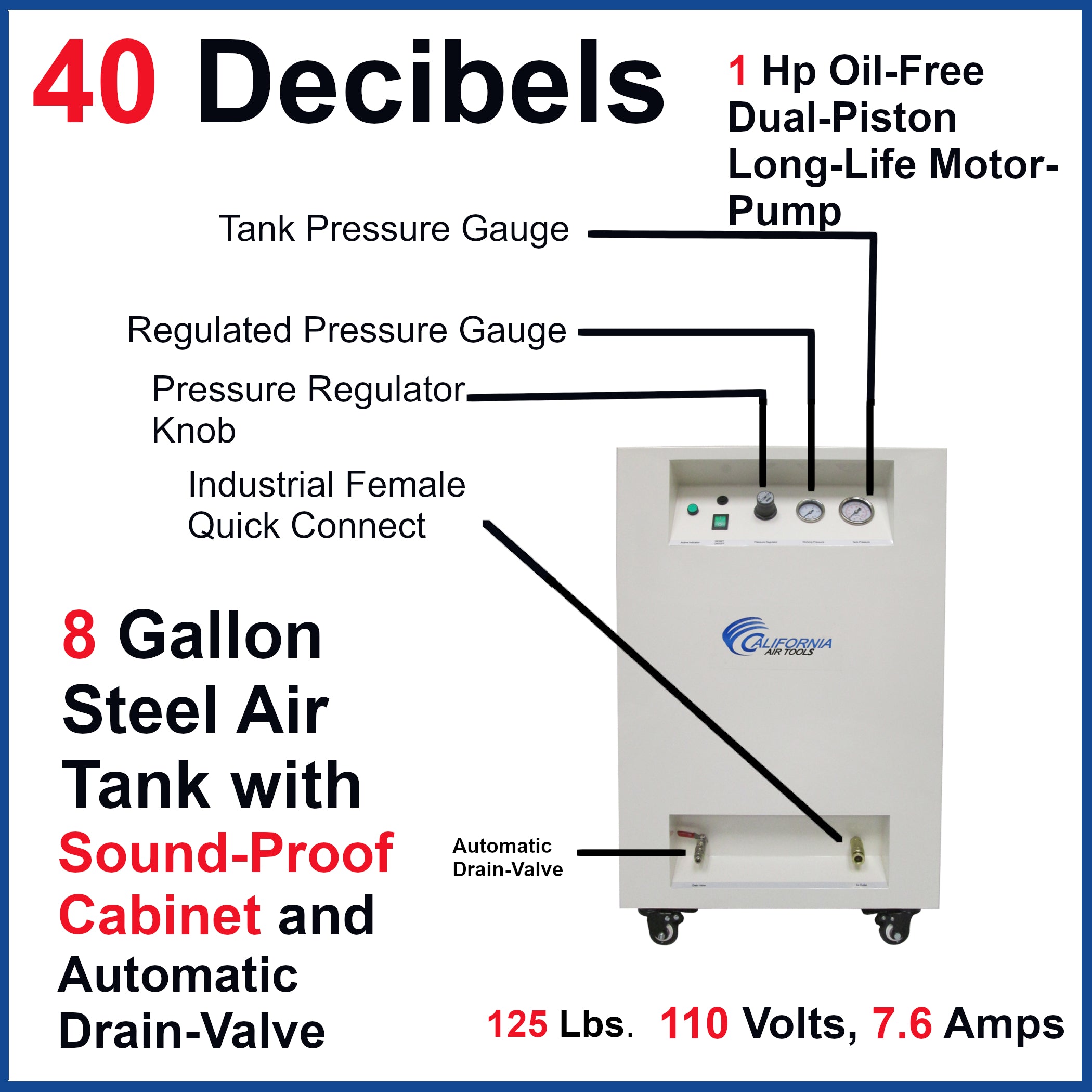 California Air Tools Ultra Quiet & Oil-Free 1.0 Hp 8.0 Gal. Steel Tank Air Compressor in Sound Proof Cabinet
