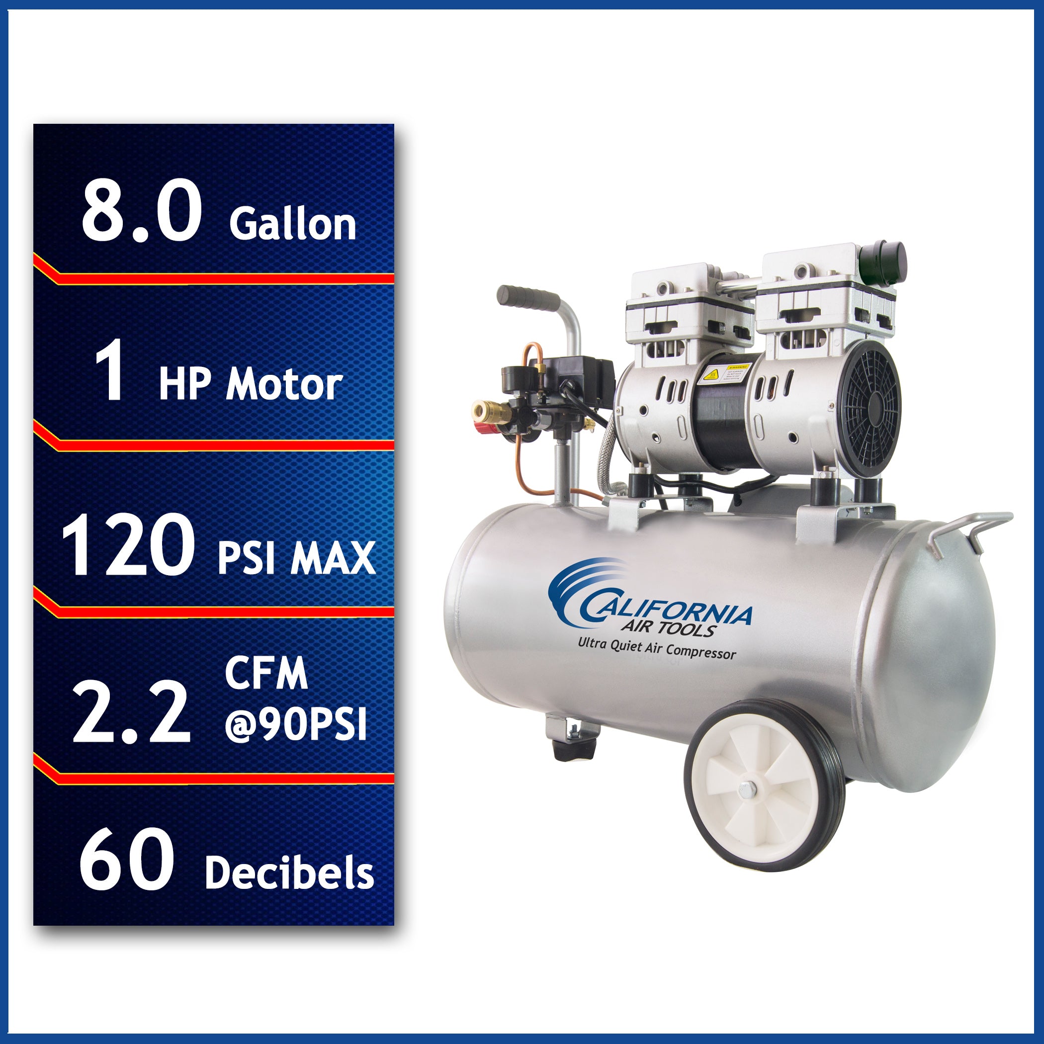 California Air Tools 1.0 Hp, 8.0 Gal. Steel Tank Ultra Quiet & Oil-Free Air Compressor