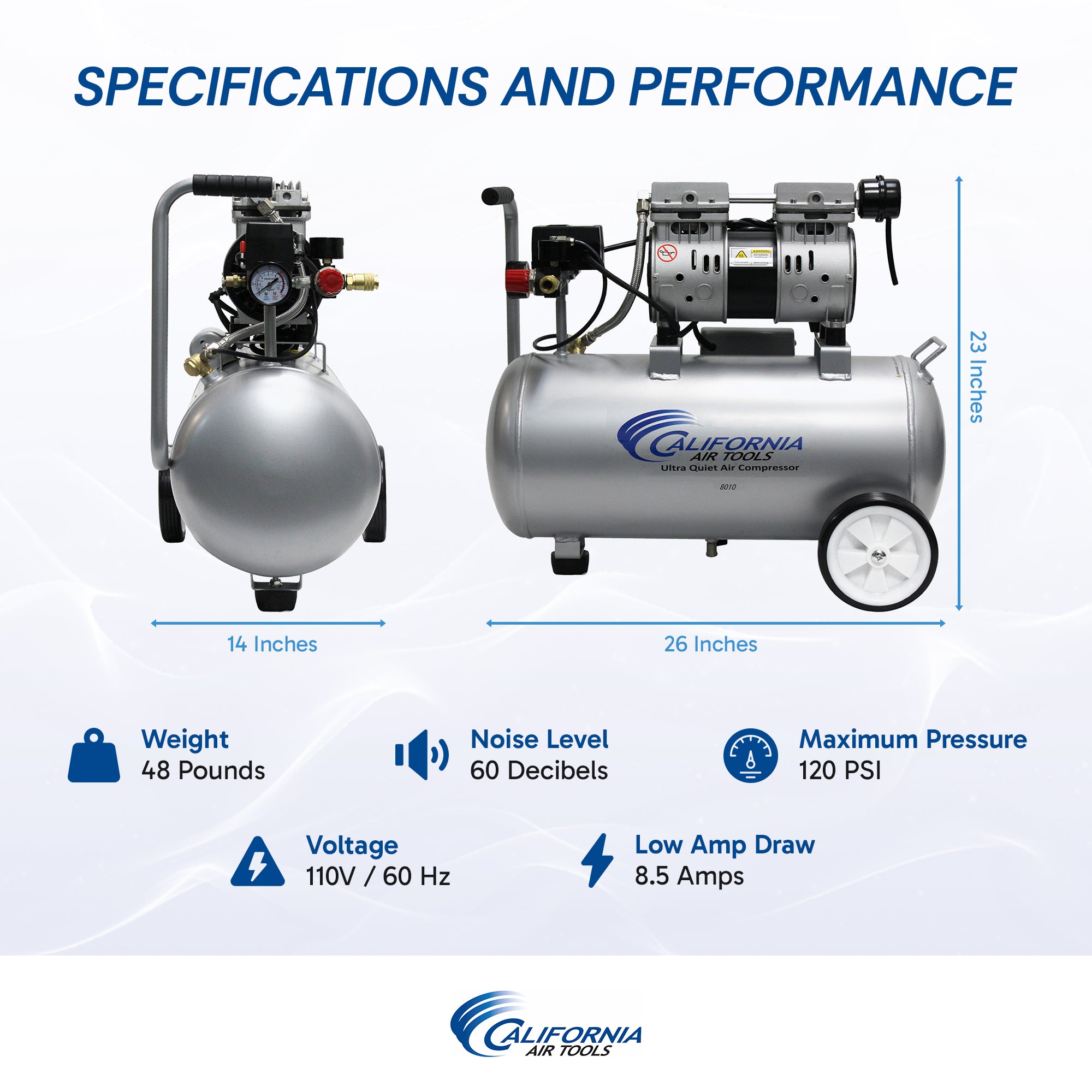California Air Tools 1.0 Hp, 8.0 Gal. Steel Tank Ultra Quiet & Oil-Free Air Compressor
