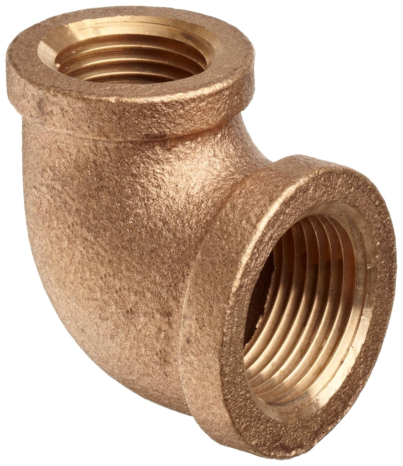 Brass 90 degree female reducing elbow, FNPT threaded ports on both ends, solid brass