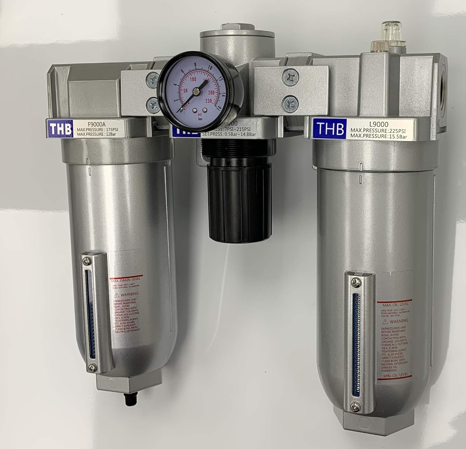 THB 9000 Series 3-stage filter, regulator, and lubricator combo with pressure gauge and 11 oz metal bowls