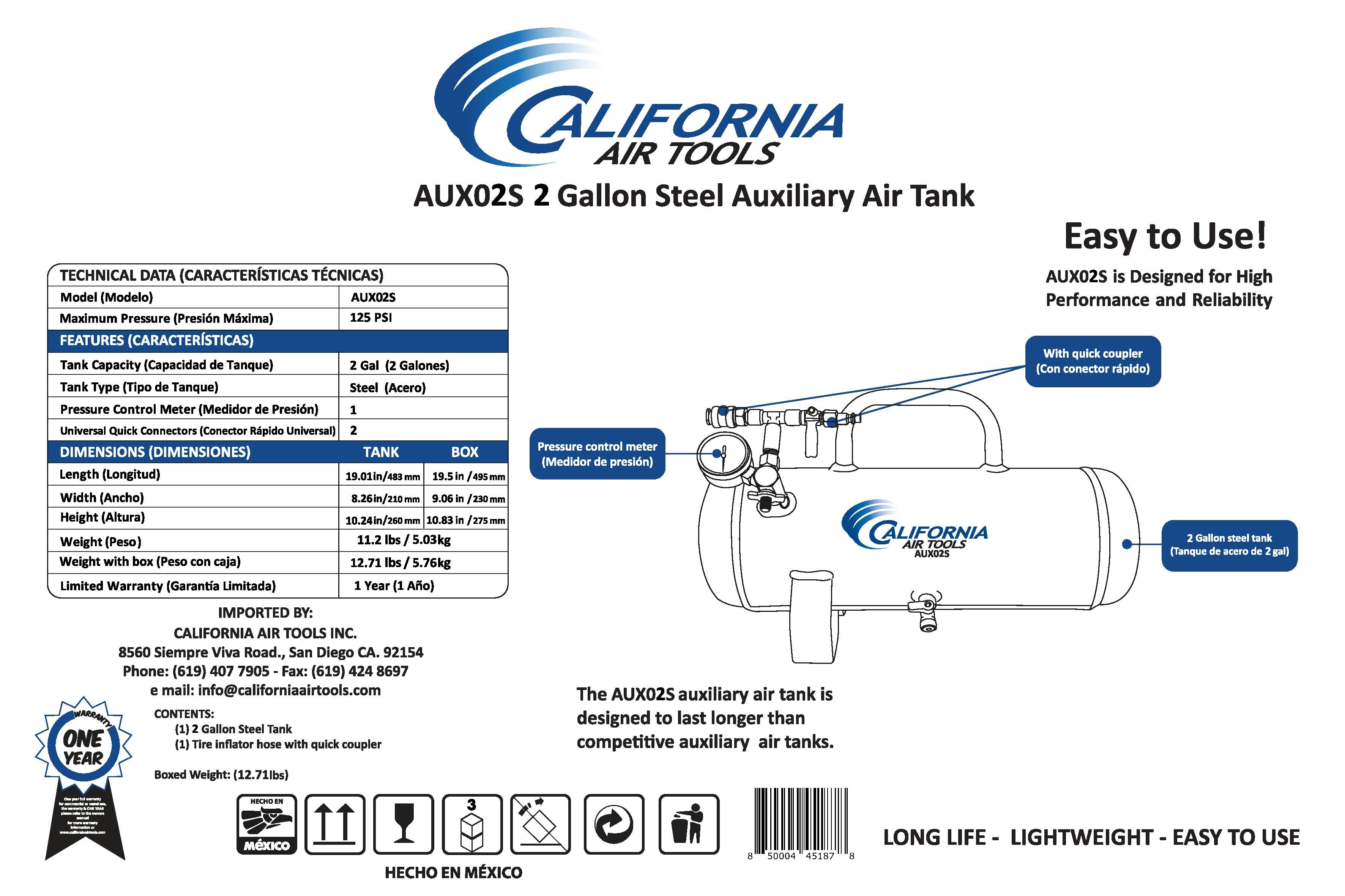 California Air Tools Portable 2 Gallon Steel Air Tank | CAT-AUX02S