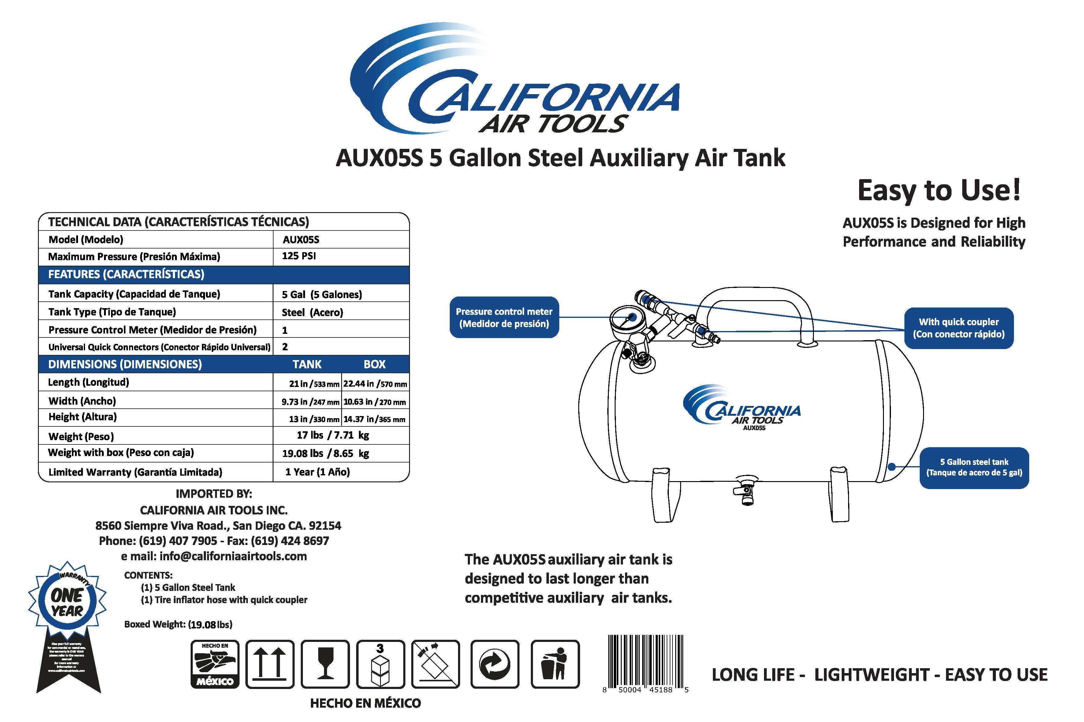 California Air Tools Portable 5 Gallon Steel Air Tank | CAT-AUX05S