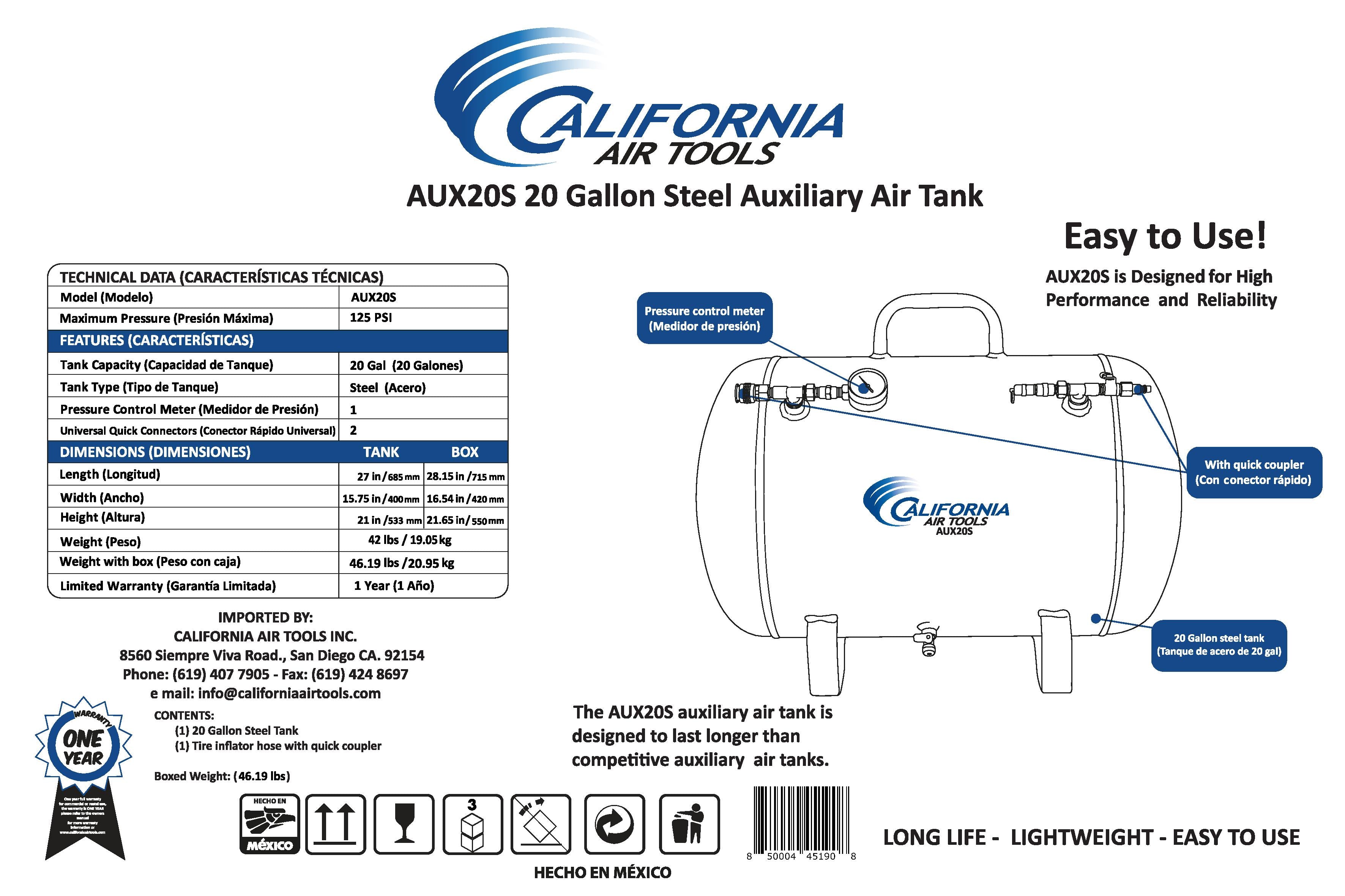 California Air Tools Portable 20 Gallon Steel Air Tank | CAT-AUX20S