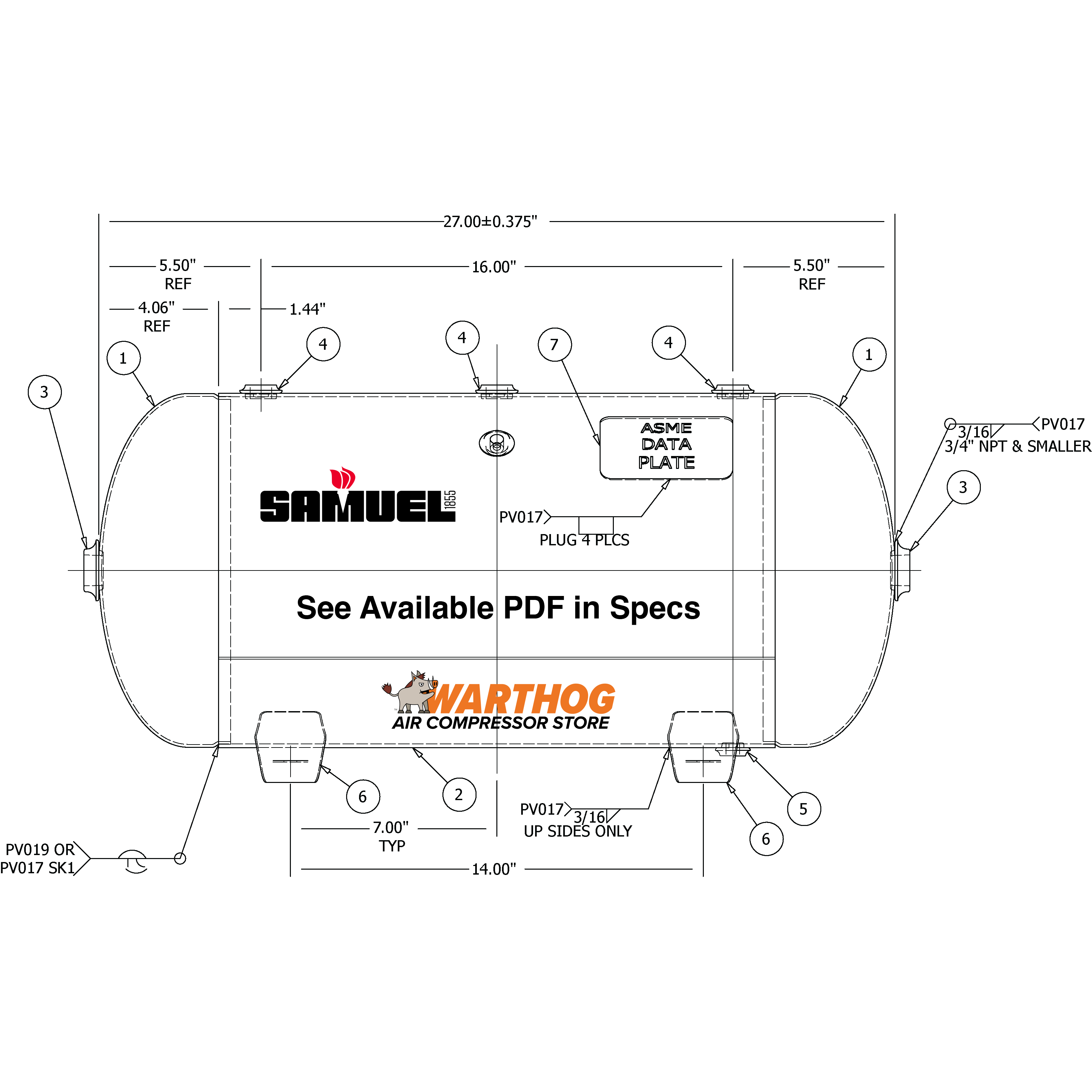 12 Gallon 300PSI Horizontal Air Tank By Samuel with Feet | A10023-300