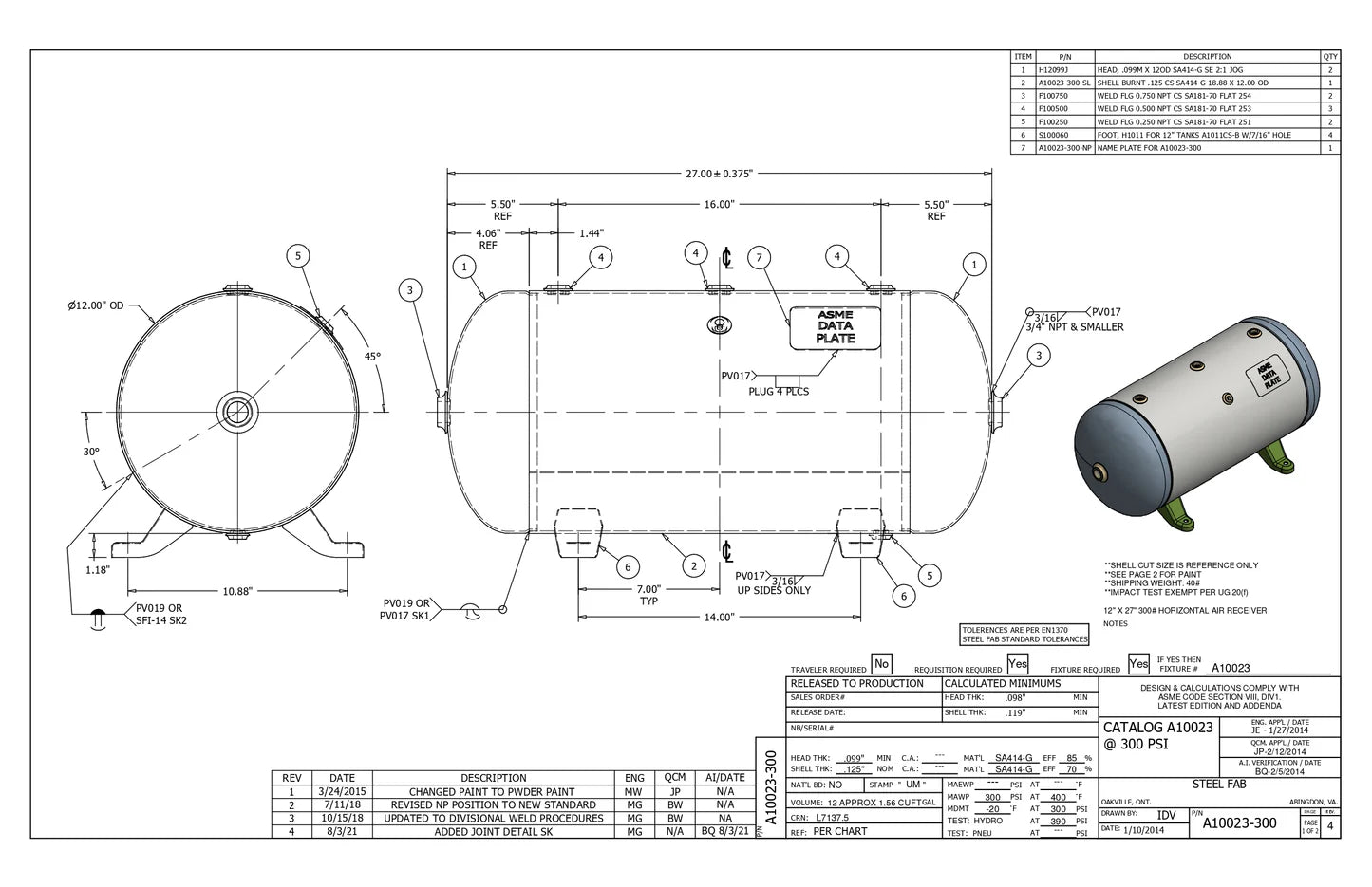 12 Gallon 300PSI Horizontal Air Tank By Samuel with Feet | A10023-300