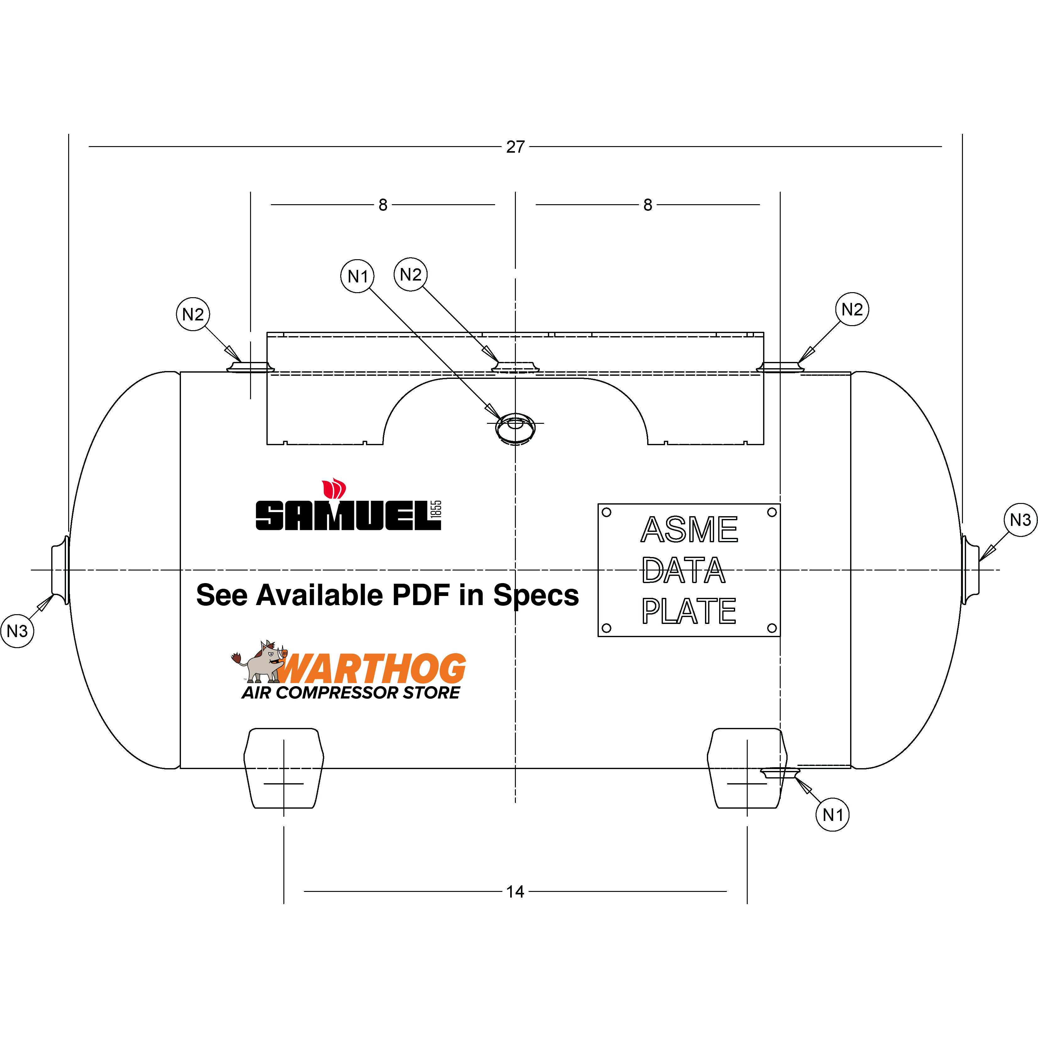 12 Gallon 200PSI Horizontal Air Tank By Samuel with Feet, 9" X 15" top plate | A10024
