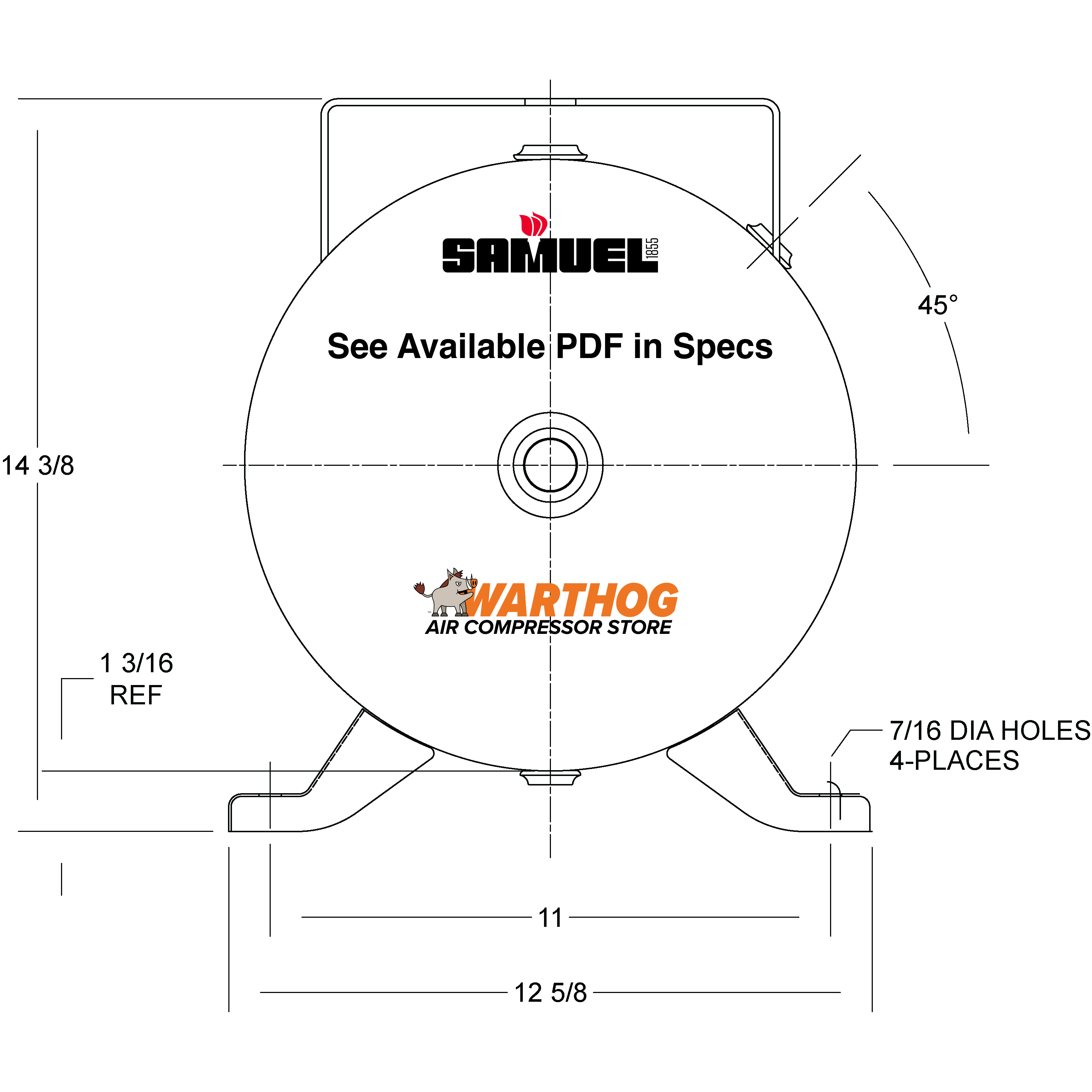 12 Gallon 200PSI Horizontal Air Tank By Samuel with Feet, 9" X 15" top plate | A10024
