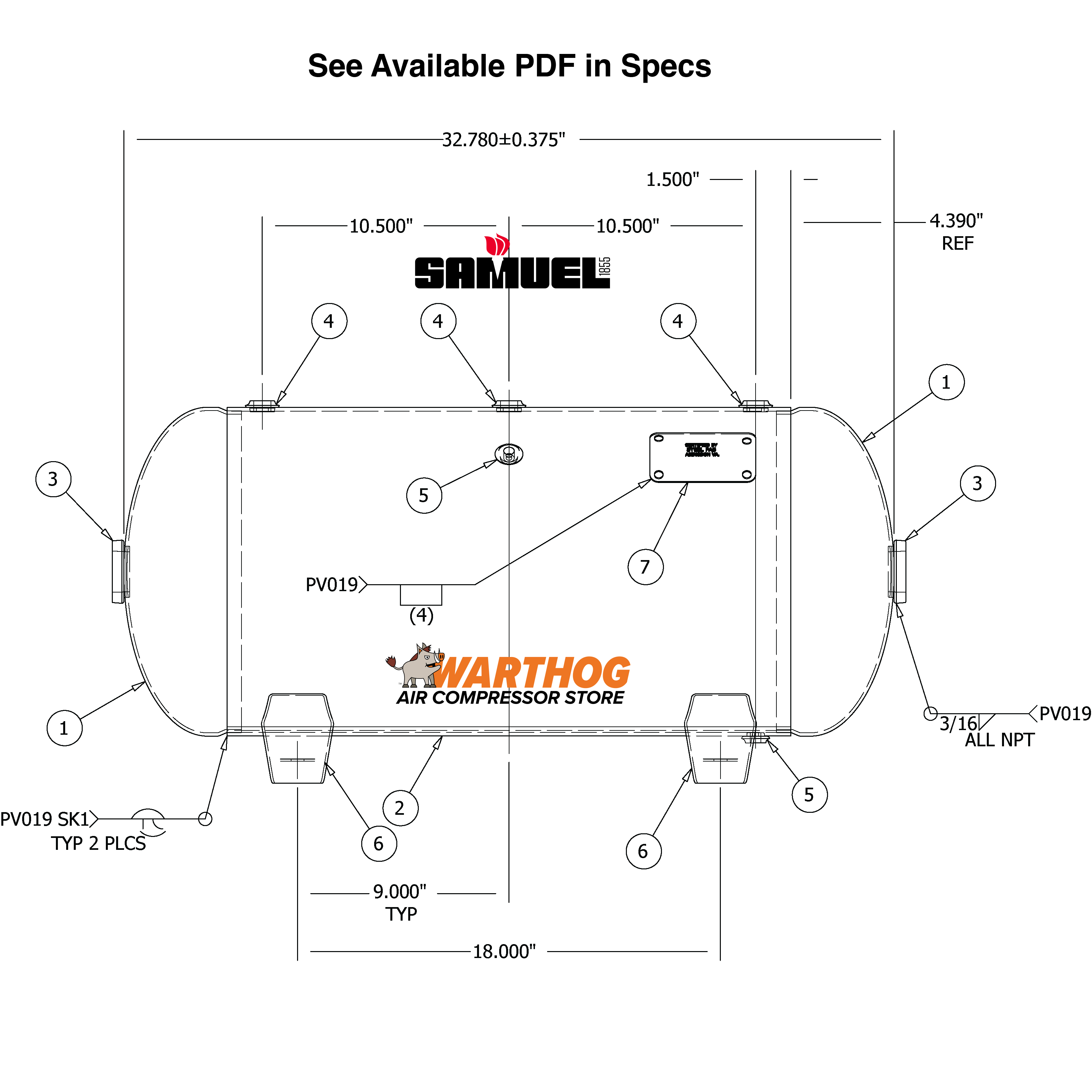 20 Gallon 300PSI Horizontal Air Tank By Samuel with Feet | A10025-300