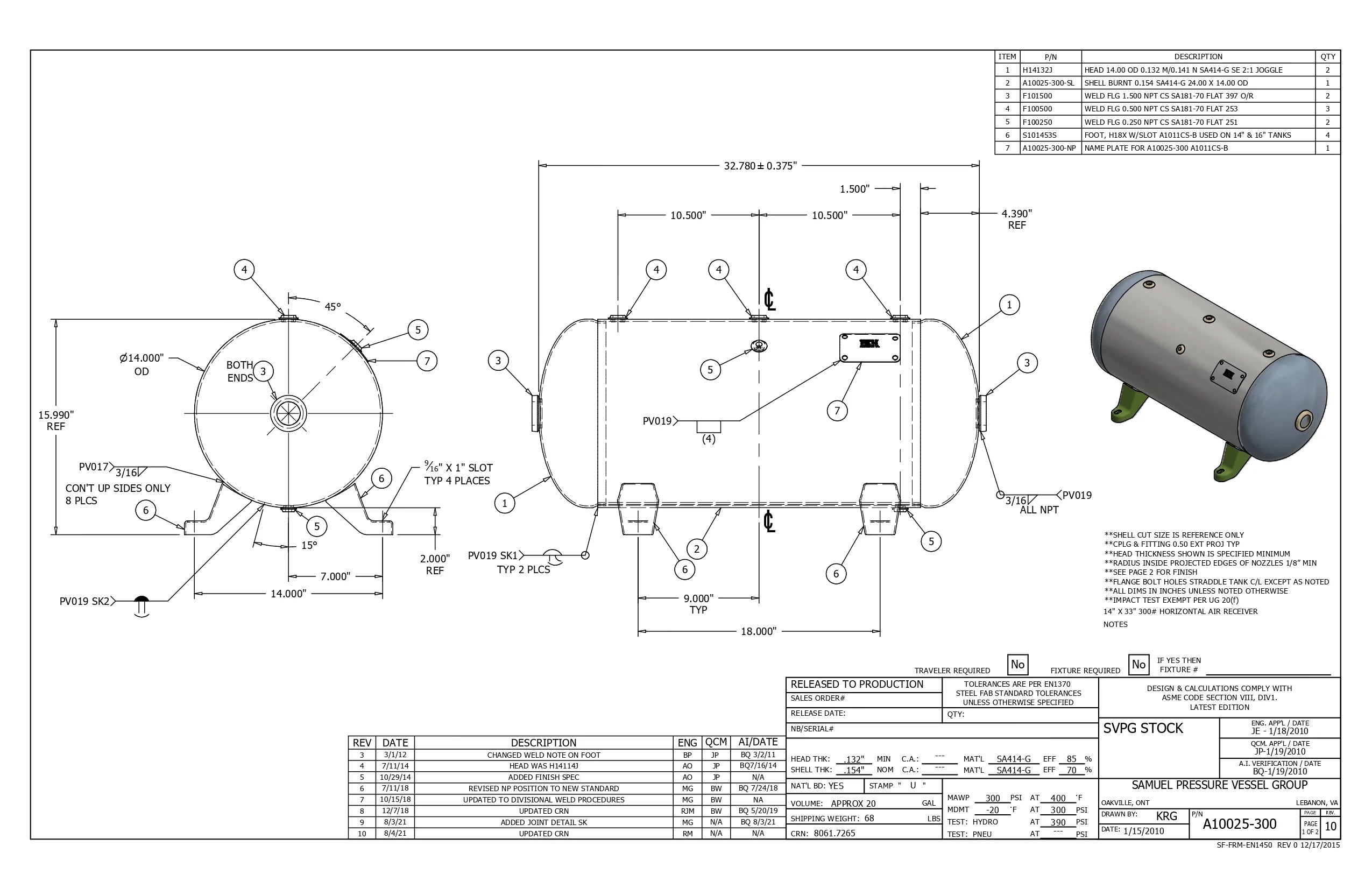 20 Gallon 300PSI Horizontal Air Tank By Samuel with Feet | A10025-300